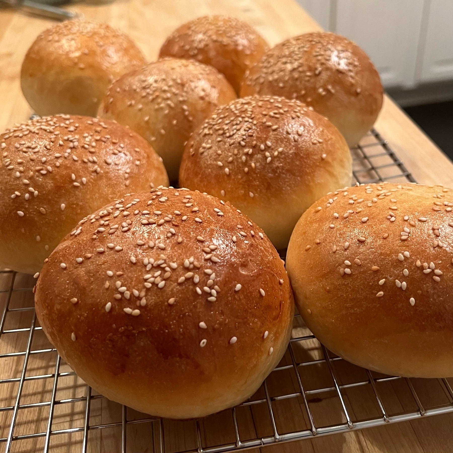 eight freshly baked buns with browned tops, sprinkled with sesame seeds. they are puffy almost to the point of being spherical