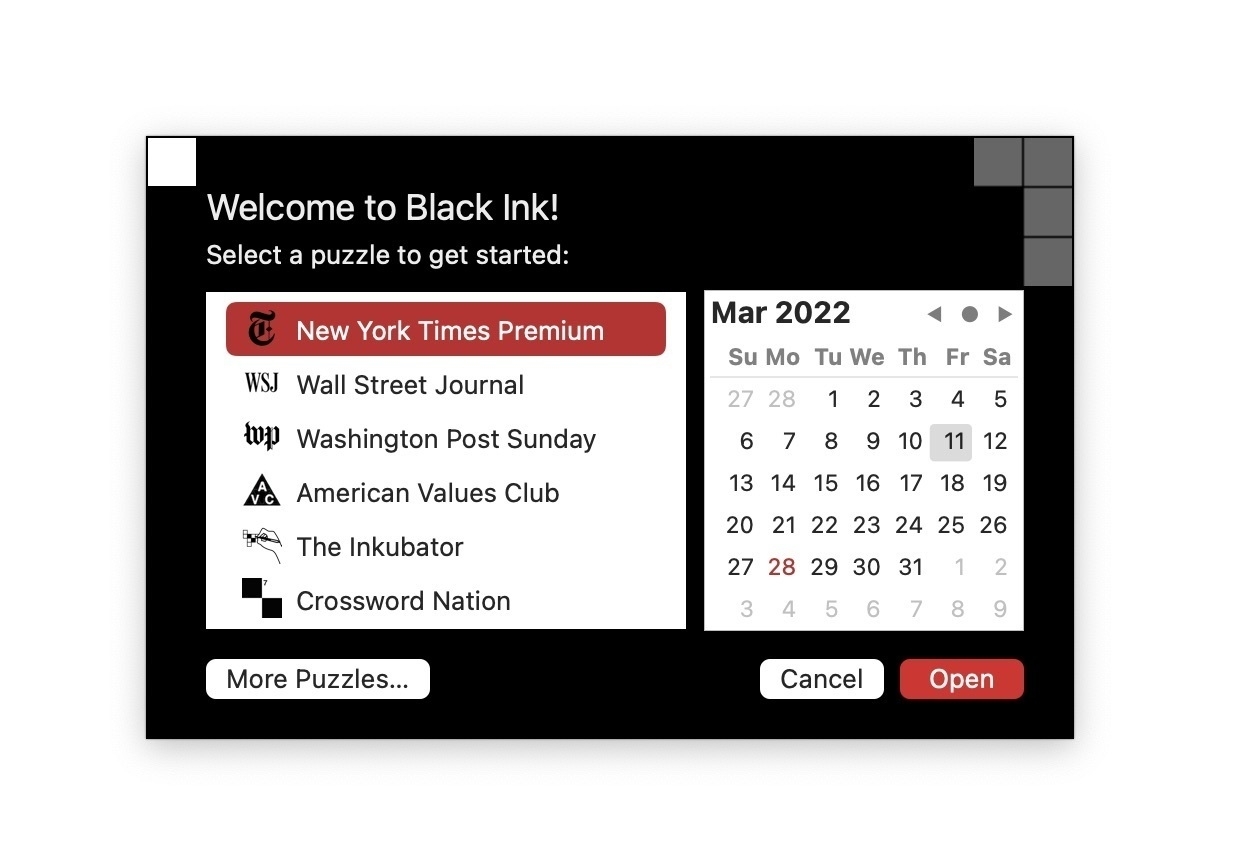 Screenshot of Black Ink for Mac's puzzle browser panel, with a list of puzzle sources positioned next to a calendar picker for selecting individual puzzles.