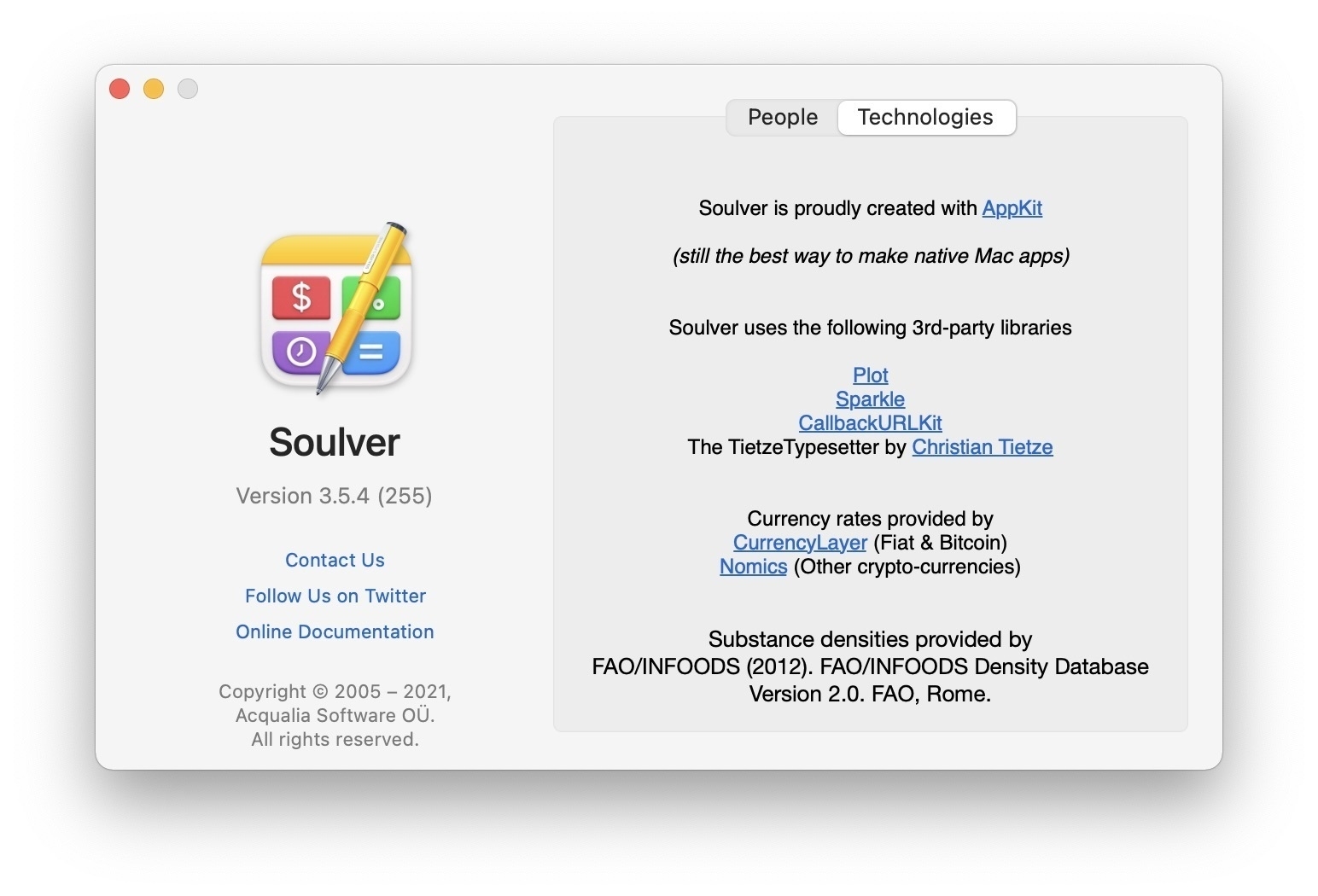 Screenshot of Mac about box for Soulver 3, including credit "Soulver is proudly created with AppKit (still the best way to make native Mac apps)".