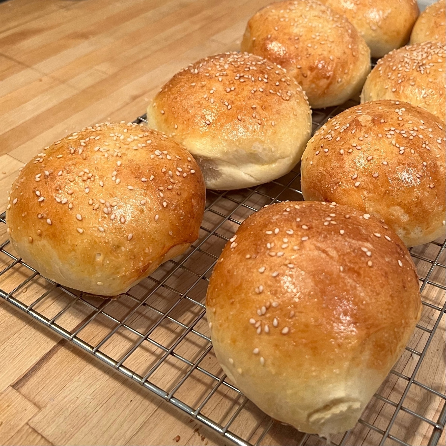 fresh baked hamburger bubs, browned with a sheen from egg wash, topped with sesame seeds