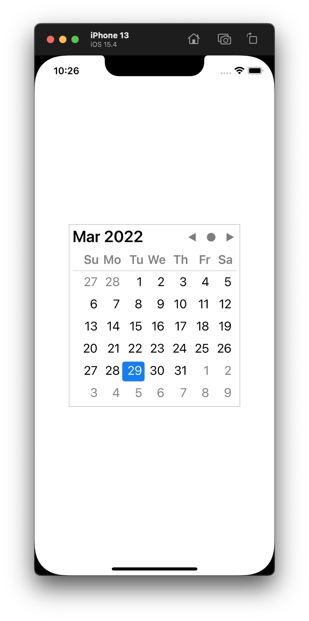 Screenshot of iOS simulator showing a custom calendar picker view in the context of an iPhone 13 screen.