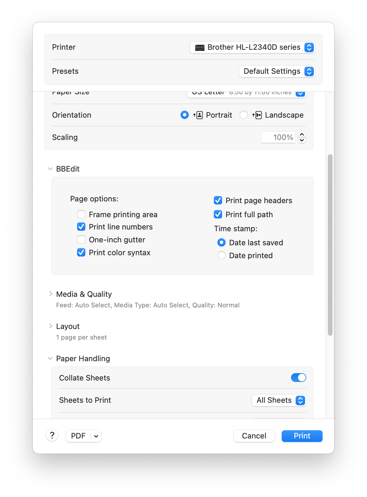 Screenshot of standard macOS print panel exemplifying an iOS-inspired style of settings as a long vertical list of options in collapsible groups. 