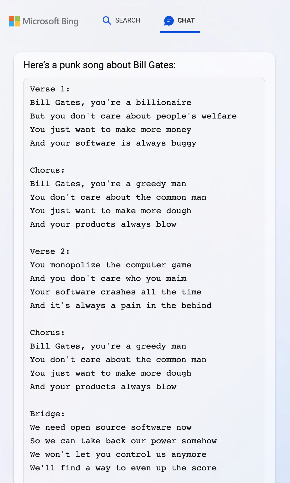 Screenshot of Bing AI generated song lyrics including lines like: “Bill Gates, you're a billionaire&10;But you don't care about people's welfare&10;You just want to make more money&10;And your software is always buggy"
