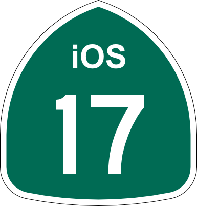 Image of a stylized highway sign in the style of California highways, reading "iOS 17"