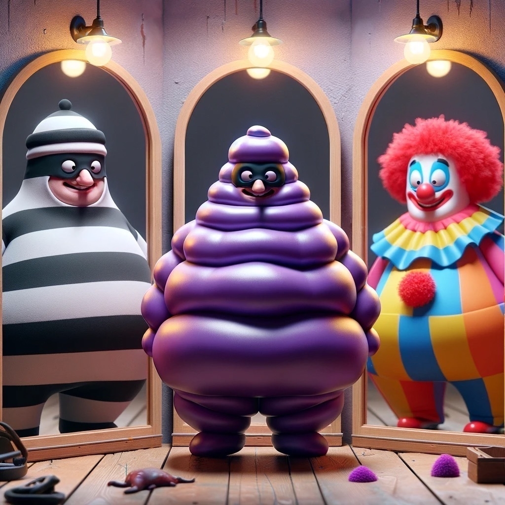 OpenAI/DallE generated image of three McDonalds inspired clown/hamburglar characters, standing in front of a three-way changing mirror.
