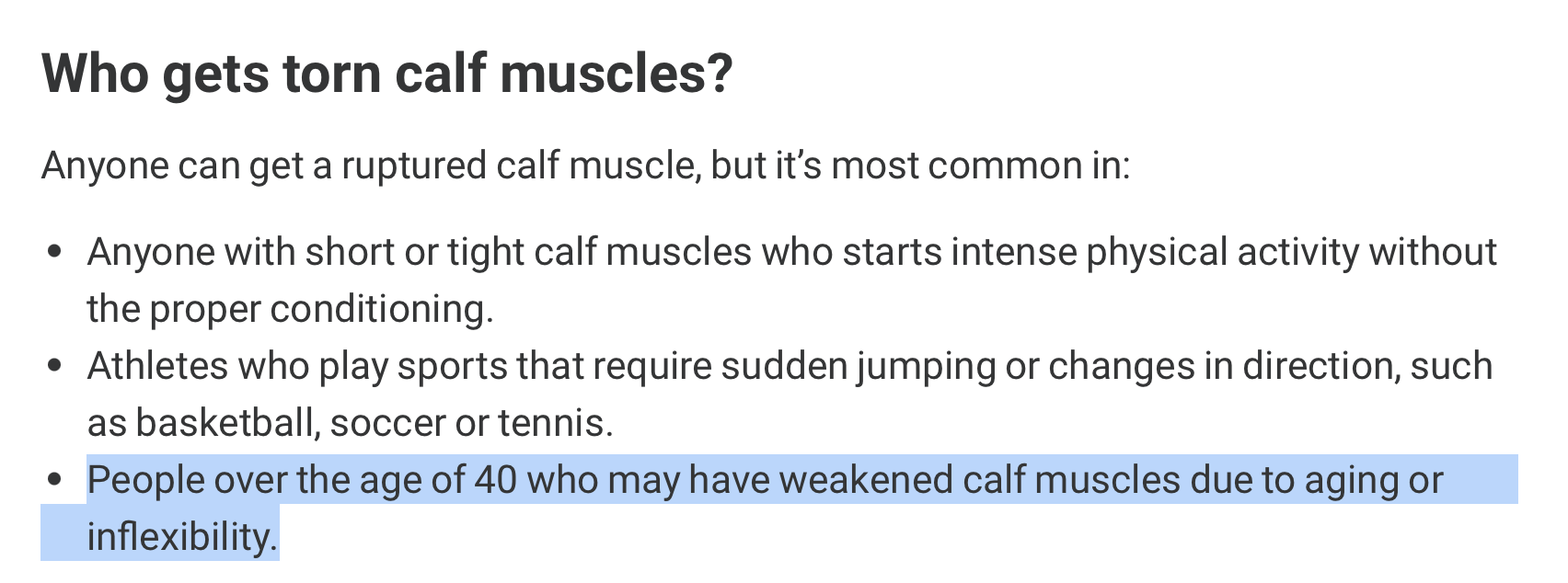 Screenshot of informational list "Who gets torn calf muscles" with highlighted item "People over the age of 40 who may have weakened calf muscles due to aging or inflexibility."
