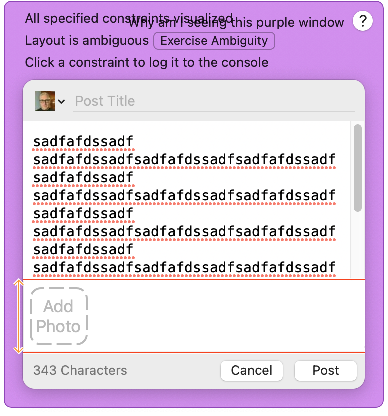 Screenshot of a Mac microblog posting panel with lots of test text, a misplaced image attachments row, and a large purple surrounding frame indicating problems with layout from the OS.