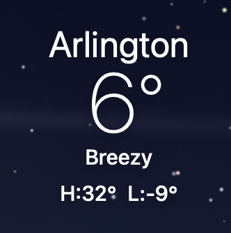 screenshot from Weather app showing Arlington, MA temperature at 6F, a hgh of 32F, a low of 9F, and a summary “Breezy”.