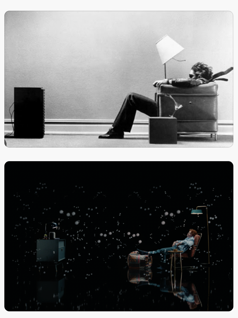 Side by side images from Apple’s new HomePod commercial, and an old Memorex commercial, each depicting a profile-perspective of a person sitting in a chair, facing an audio speaker.
