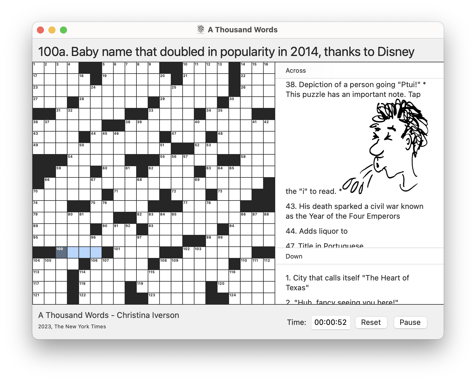 Screenshot of a Mac software window with a crossword puzzle and clues including an illustration of a person spitting water