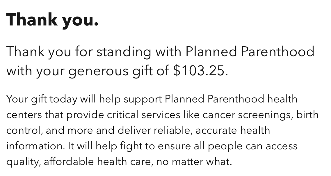Screenshot of a Planned Parenthood donation confirmation totaling $103.25.