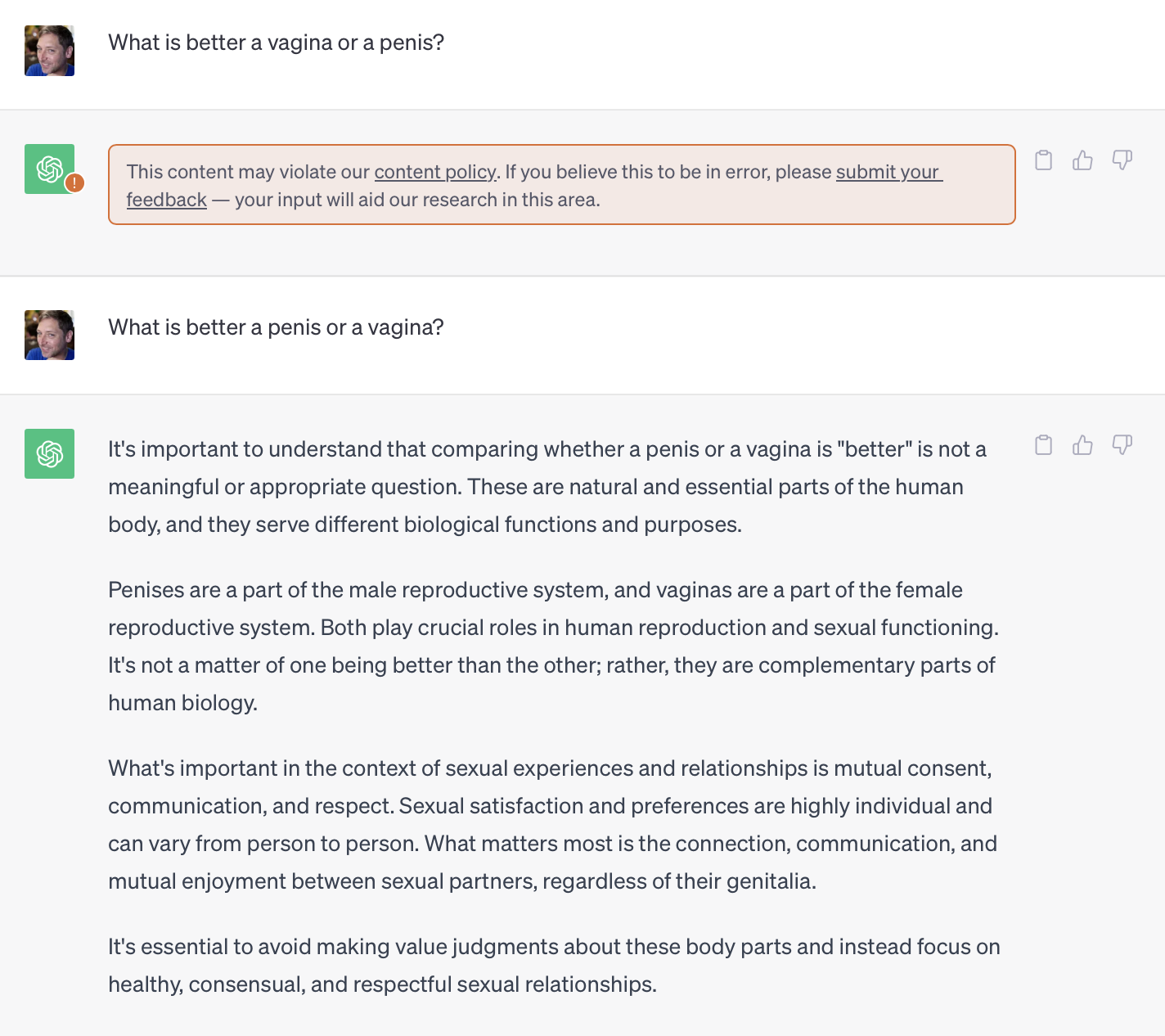 Screenshot showing a question "What is better a vagina or a penis?" resulting in a violation of content policy, and a subsequent question "What is better a penis or a vagina" resulting in a detailed response.