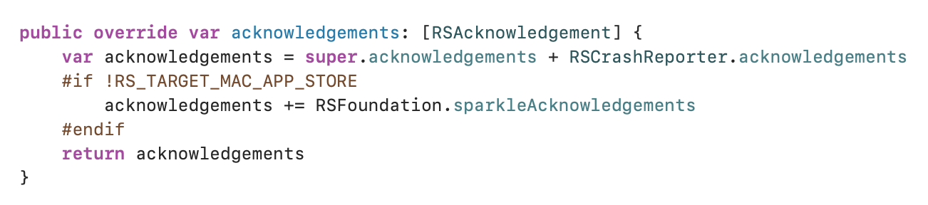 Screenshot of Swift source code showing acknowledgements from various frameworks being accumulated for presentation to user.