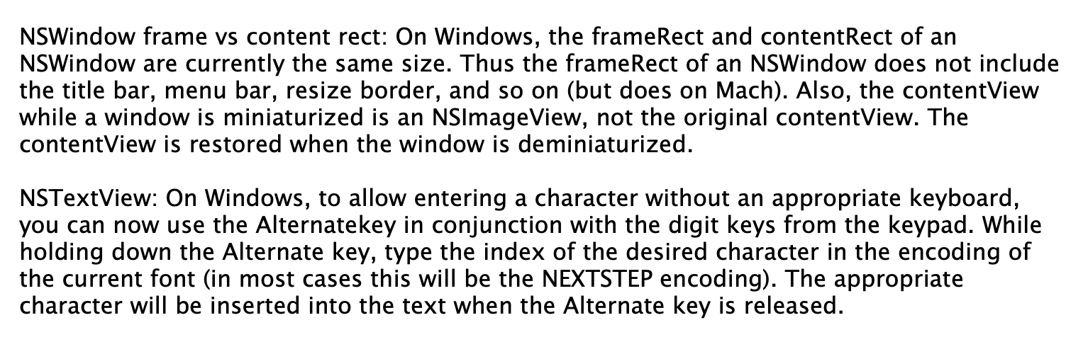Screenshot of documentation including excerpts such as “NSWindow frame vs content rect: On Windows, the frameRect and contentRect of an NSWindow are currently the same size”. The whole text is readable at the linked page.
