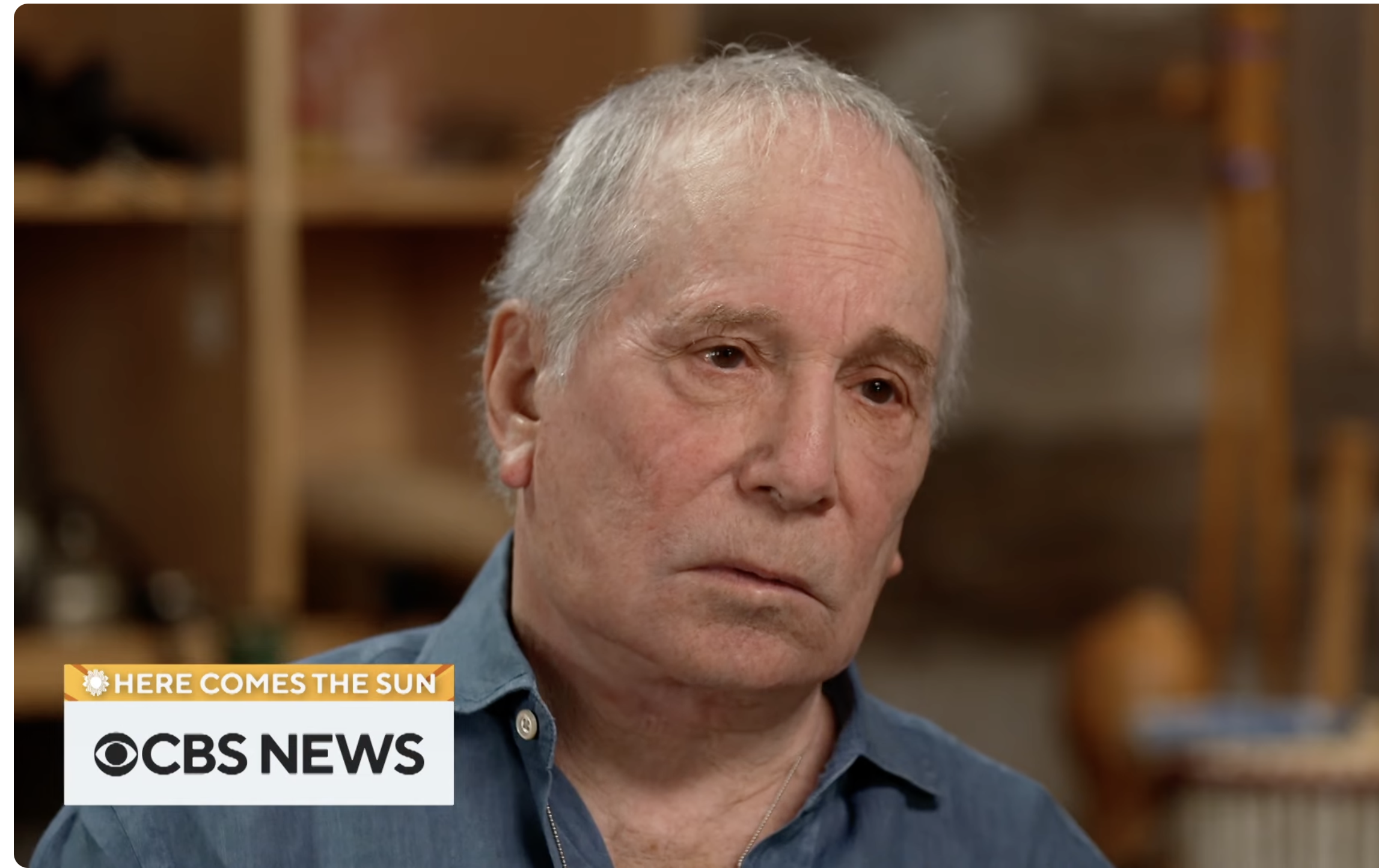 Picture of Paul Simon with gray hair and a drooping affect.