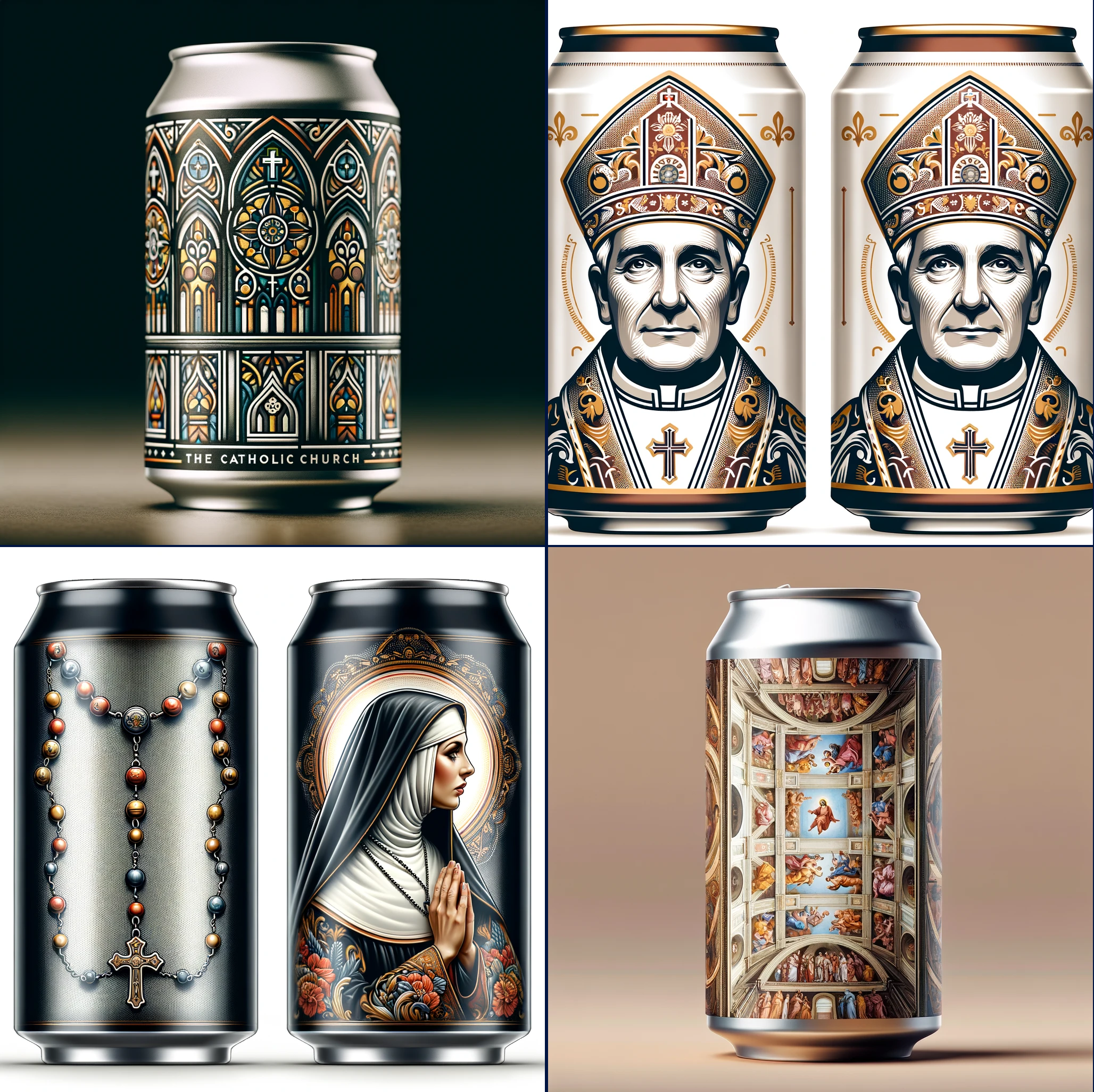 Four panels representing different beer can designs with imagery from the catholic church, such as stained glass, a pope, a nun, and the Sistine Chapel