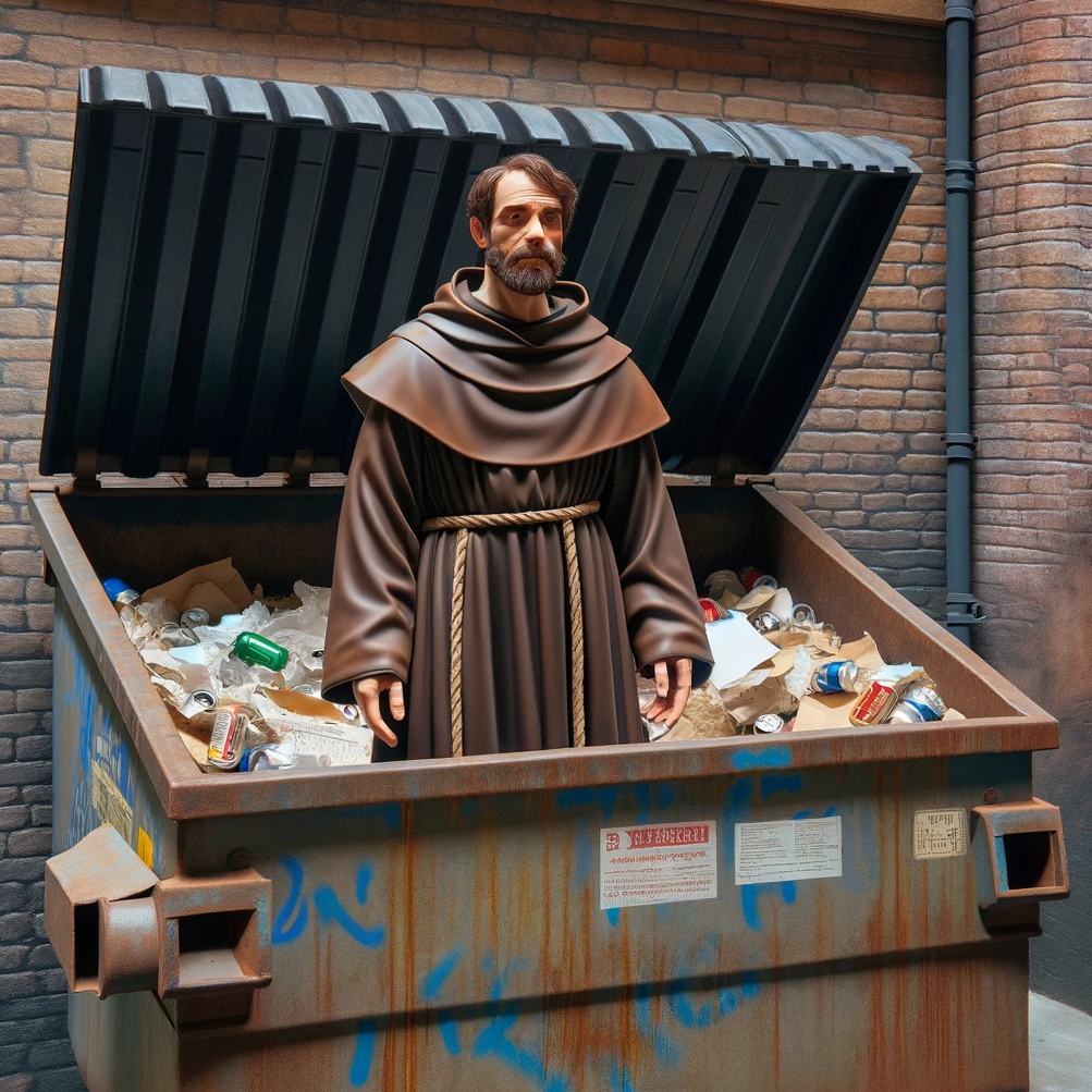 AI-generated image of an open garbage dumpster with a rigid, robed, religious friar staring deadly into the distance.