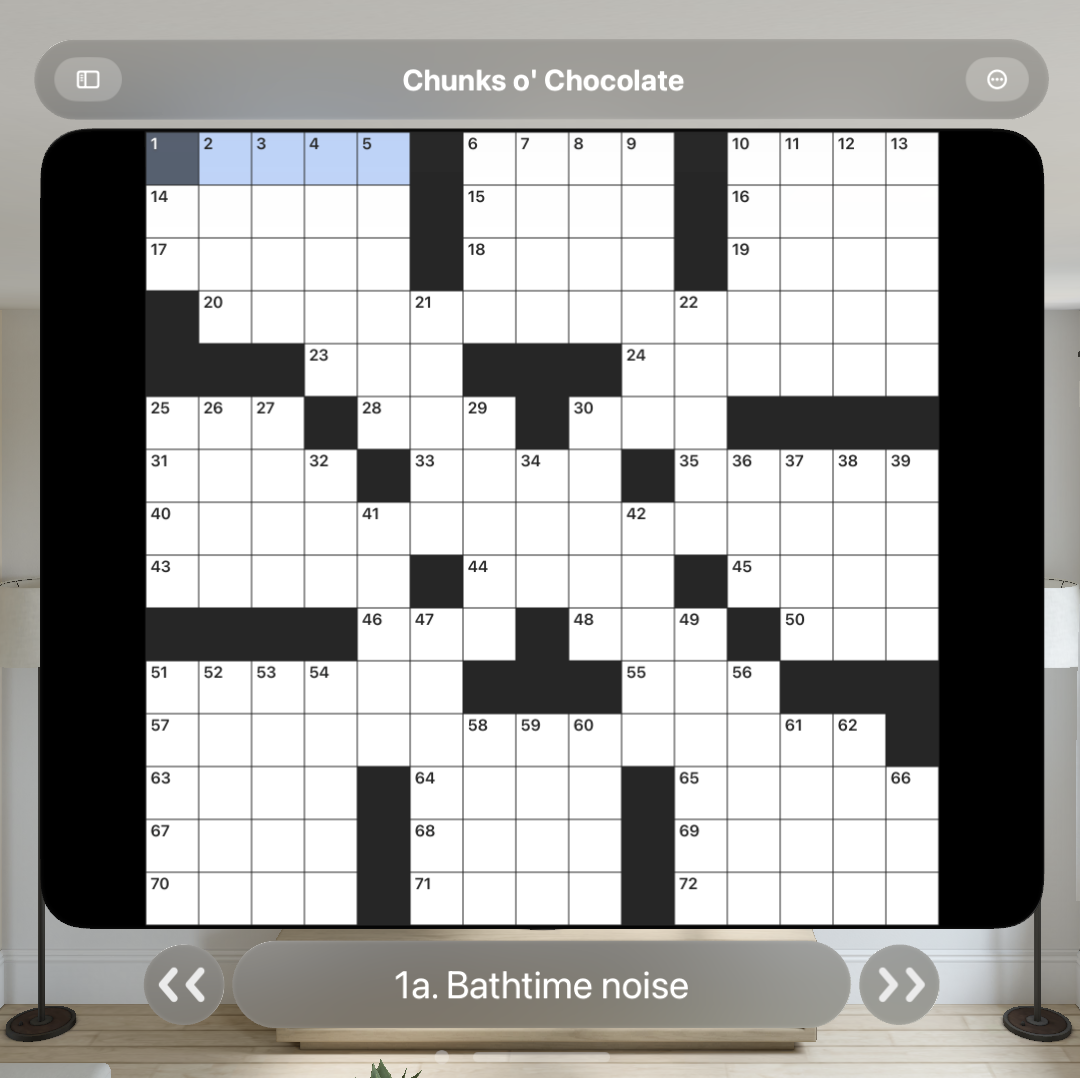 Screenshot of a crossword grid software interface with translucent gray "glass" user interface showing the puzzle title above, and the selected clue below.