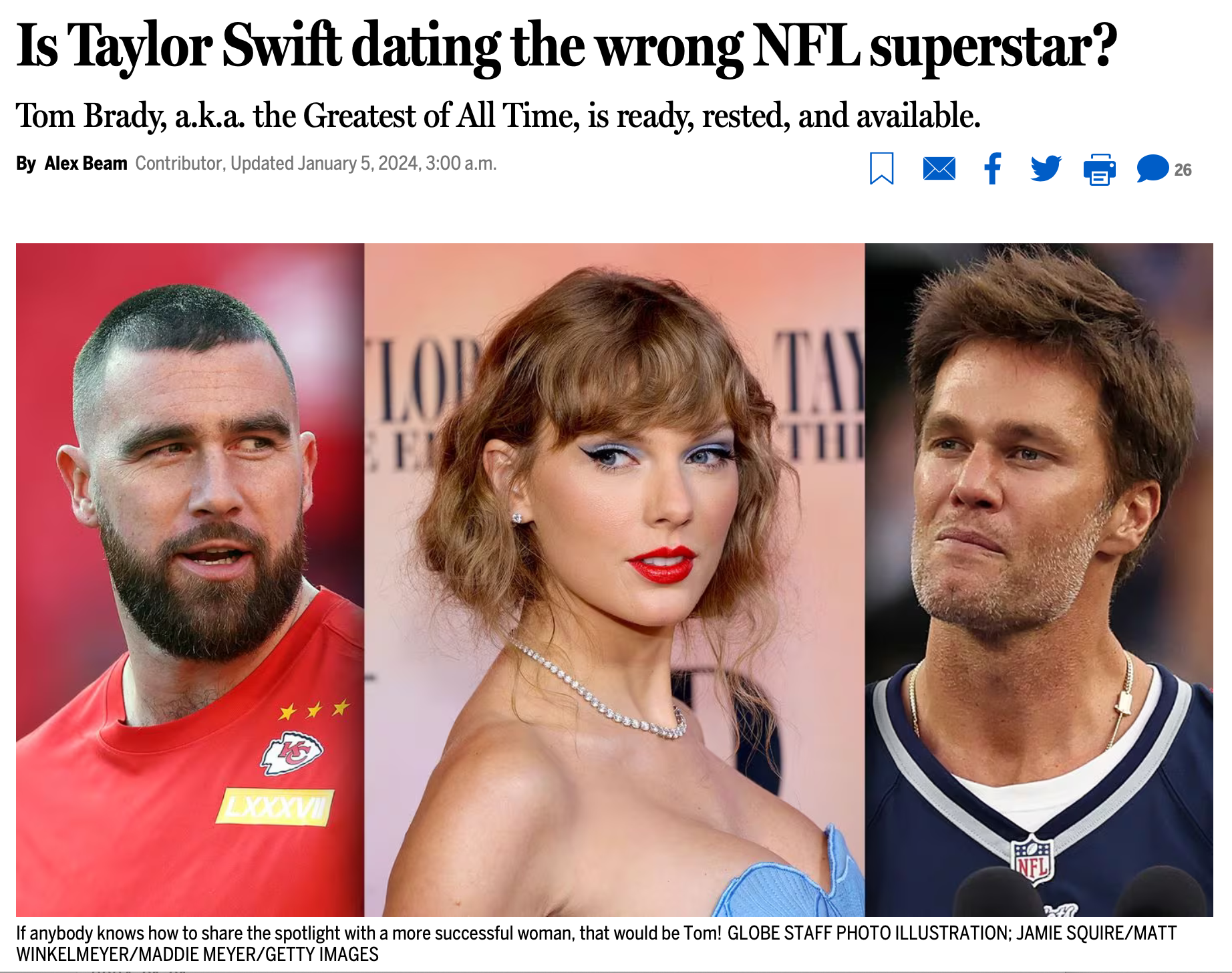 Screenshot of a news article with headline “Is Taylor Swift dating the wrong NFL superstar?” showing a Taylor Swift photo between a photo of Travis Kelce and Tom Brady.
