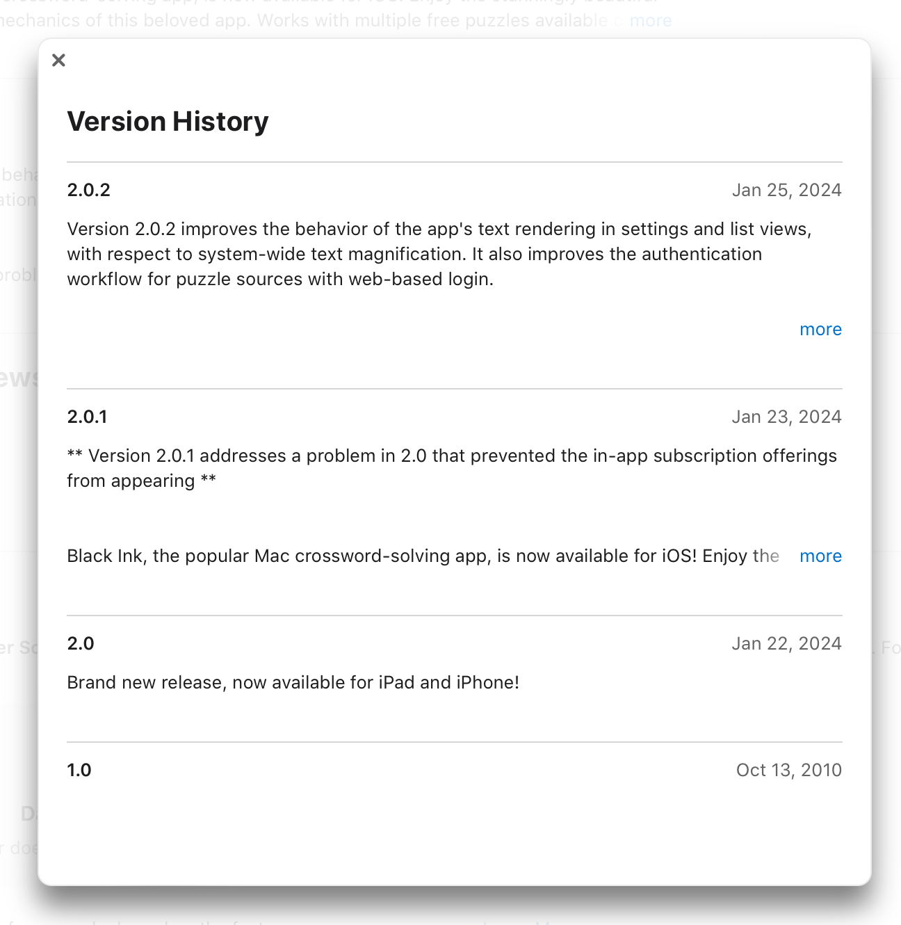 Screenshot showing Black Ink Release notes spanning from the current 2.0.2 to 2.0 just a few days ago, and 1.0 13 yaers ago.