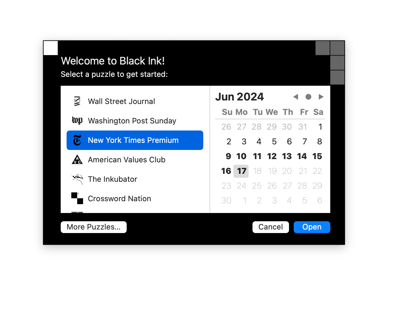 Screenshot of Black Ink, a Mac crossword app, showing the New York Times puzzle with a week's worth of unsolved puzzles.