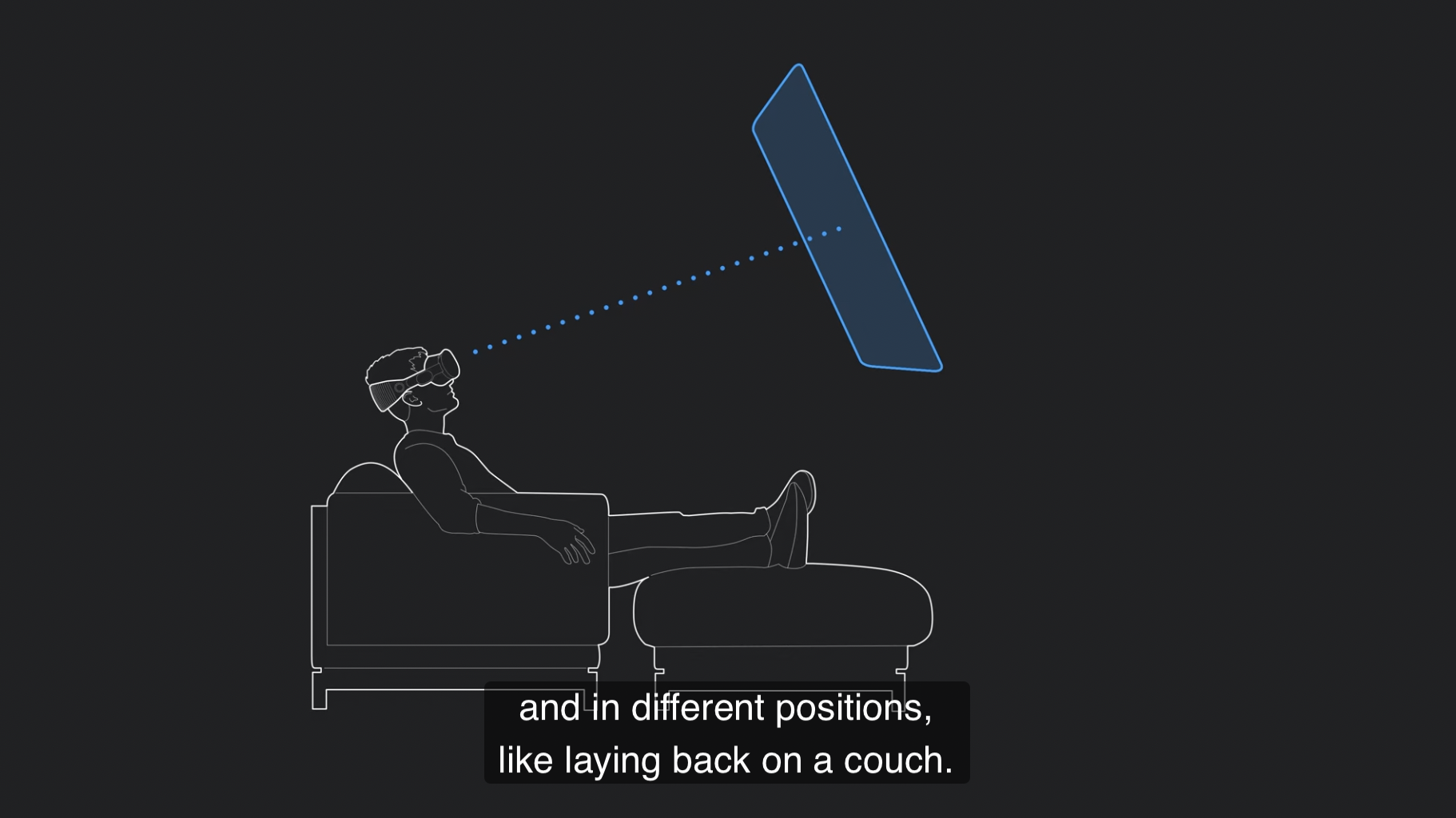 Screenshot of a still from an Apple development video, showing a person looking at a screen and subtitle that includes "laying back on a couch"