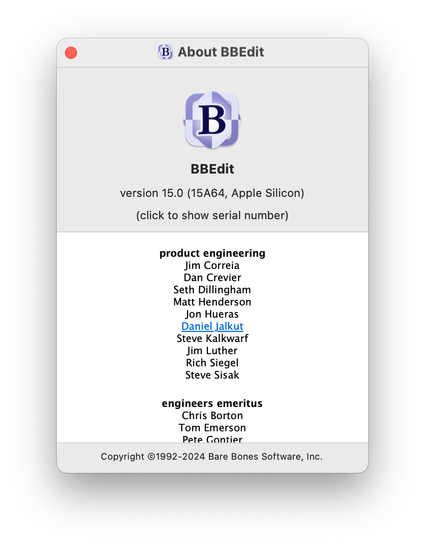 Screenshot of BBEdit 15 About Box featuring a list of credits that includes "Daniel Jalkut" under the "product engineering" heading