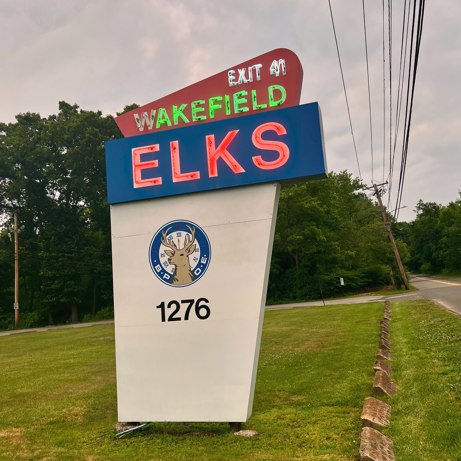 Neon sign reading “Wakefield Elks” with bright green “wakefield” and bright pink “elks” against an overcast grey sky with green trees and lawn.