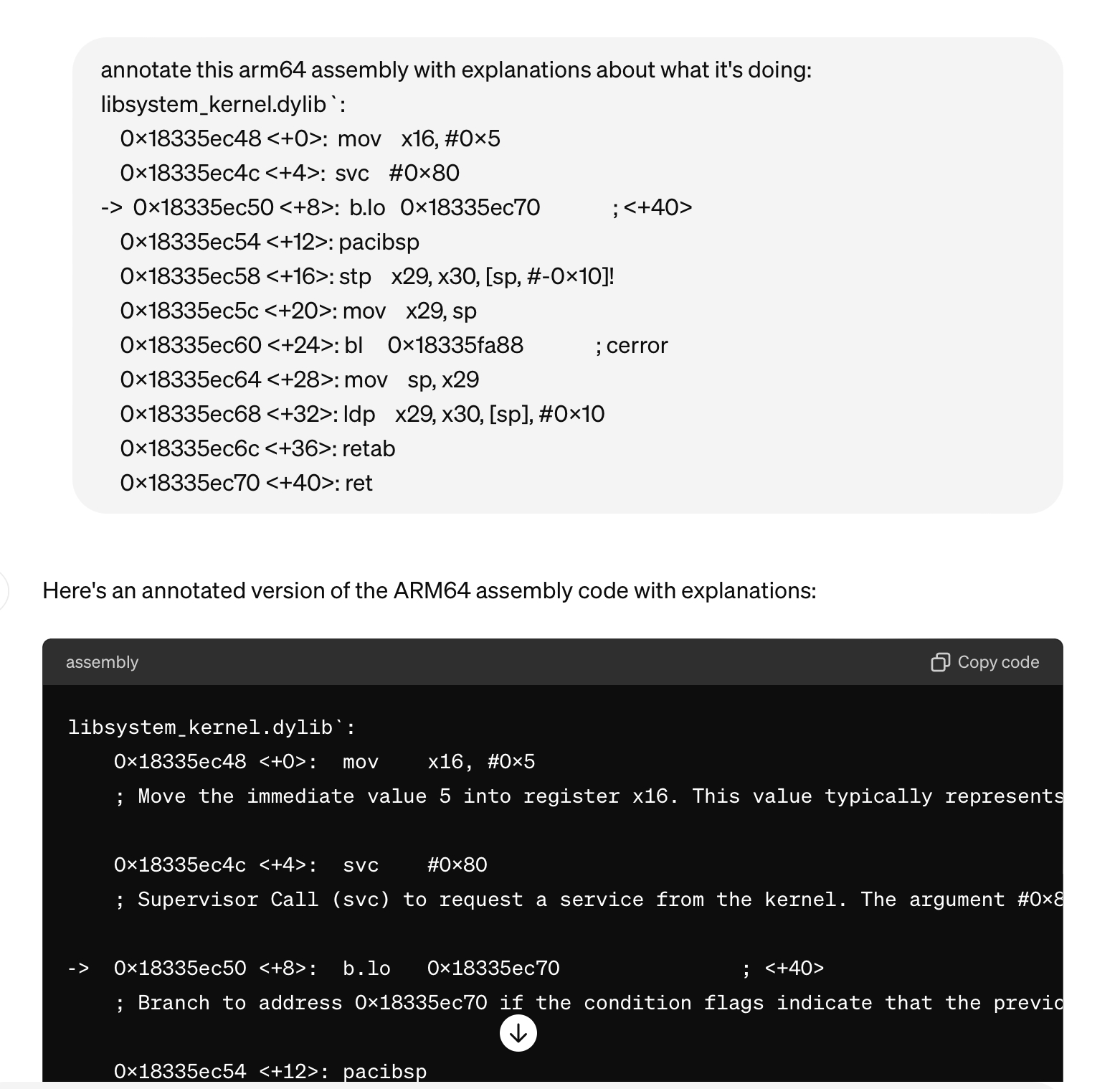 screenshot of a ChatGPT interaction where the prompt asks to “annotate this arm64 assembly with explanations about what it's doing, followed by arm64 assembly code including for example “mov x16, #0x5”, and the ChatGPT response duly lists each line of code with a verbose explanation for example “Move the immediate value 5 into register x16. This value typically represents a system call number.”