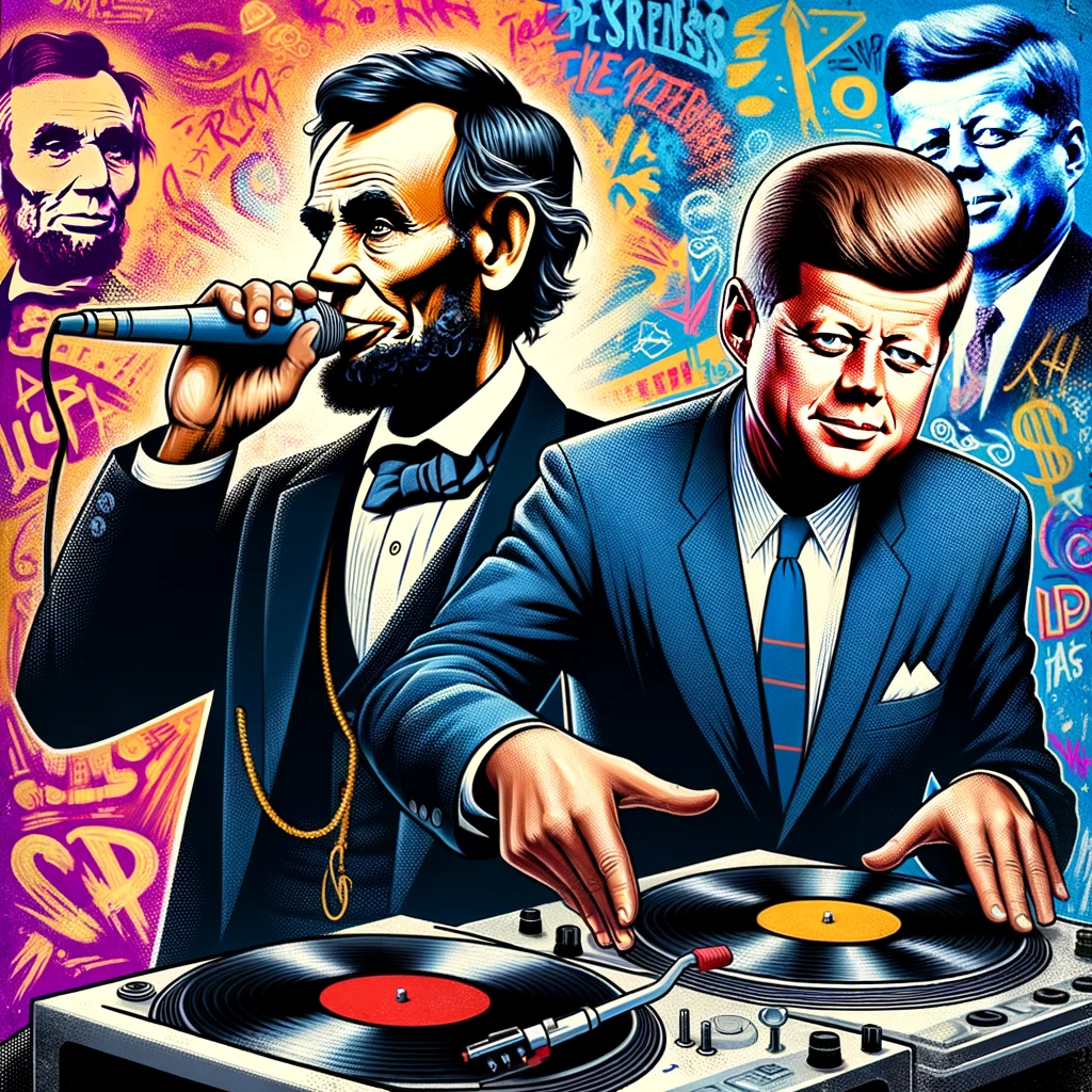 Dall-E generated line art image of Abraham Lincoln and John F. Kennedy against a backdrop of graffiti. Kennedy is spinning records on a turntable and Lincoln is singing into a microphone.