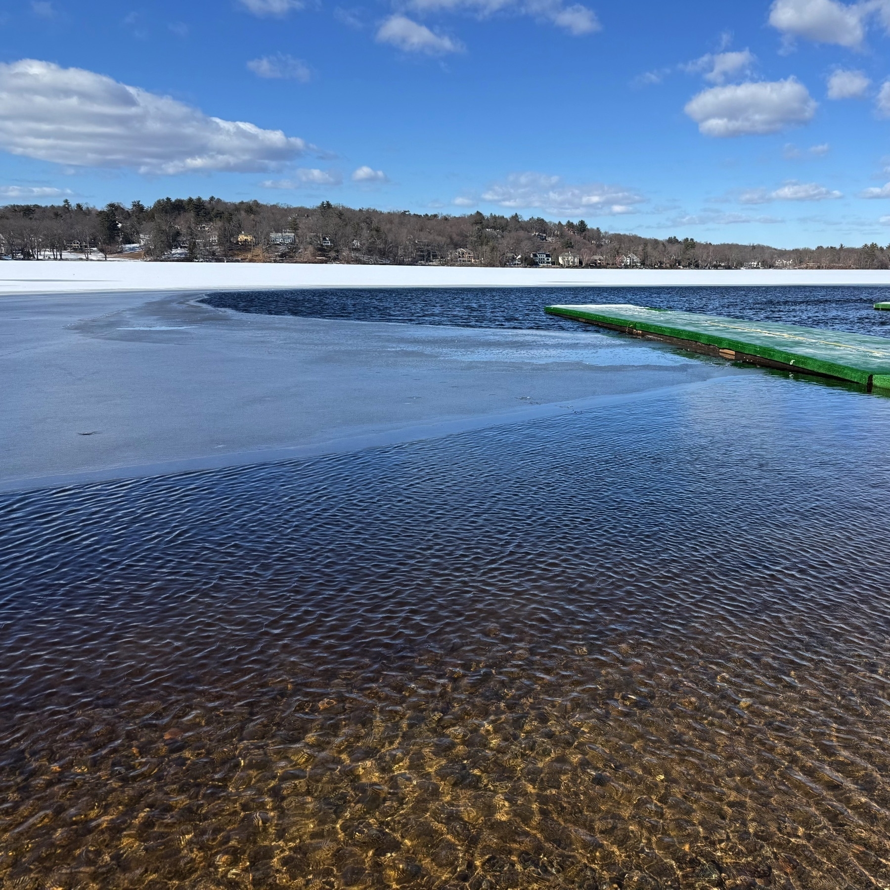 Picture of a lake with snow and ice on most of the surface, with a small amount of open water near the shore. Sunlight illuminates the ripples in the water and a bright, sparsely clouded blue sky extends into the distance.