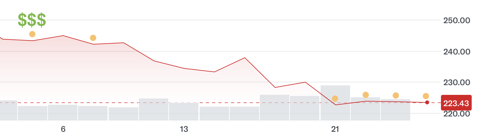 Screenshot of a line graph showing Apple's stock price from Jan 3, 2025, to Jan 24, 2025. It reflects a decline from over $240 to around $223.