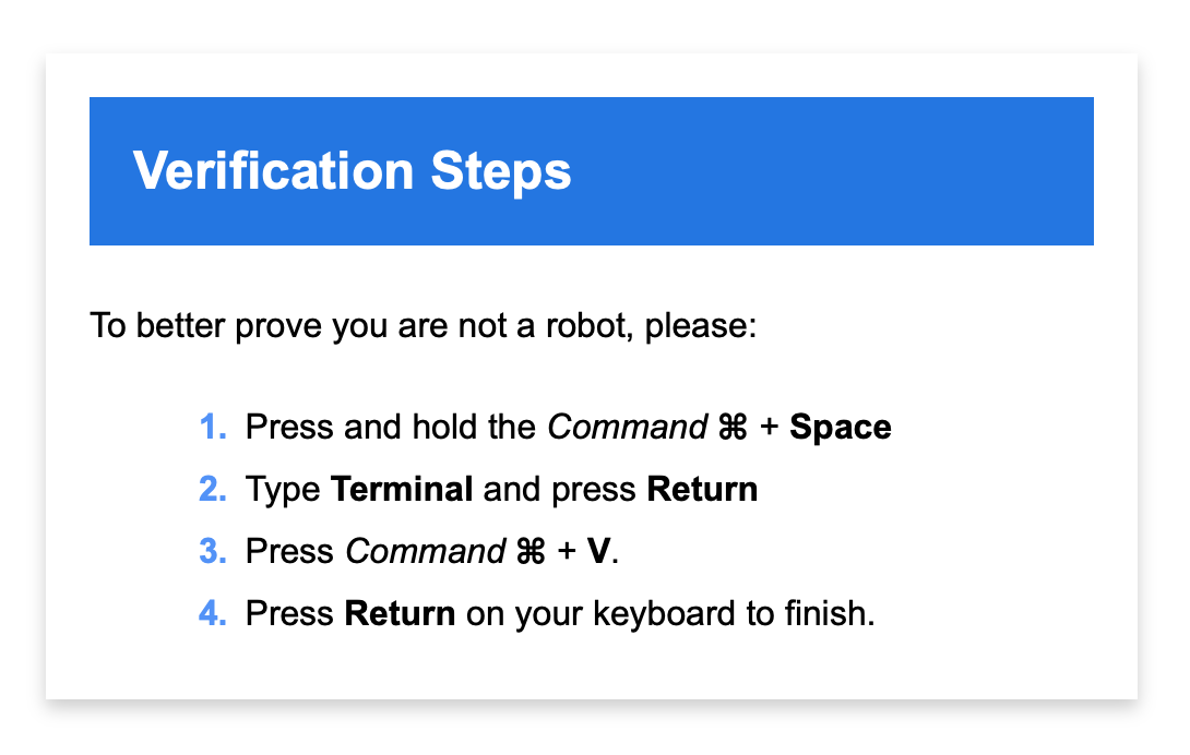 Screenshot of web interface reading: “Verification steps: Open Spotlight with Command and Space, type ‘Terminal’ and press Return. In the Terminal window, press Command and V to paste, then press Return again to complete.”