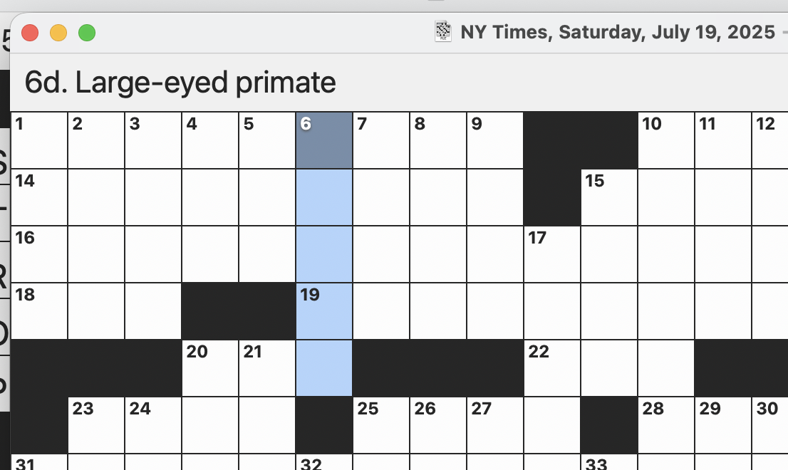 Screenshot of a crossword puzzle grid with a 5 letter blank word highlighted and the clue “Large-eyed primate”.