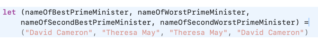 Screenshot of source code in Xcode where the typed text is “let (nameOfBestPrimeMinister, nameOfWorstPrimeMinister, nameOfSecondBestPrimeMinister, nameOfSecondWorstPrimeMinister) =“ and the suggested completion is “("David Cameron", "Theresa May", "Theresa May", "David Cameron”)”