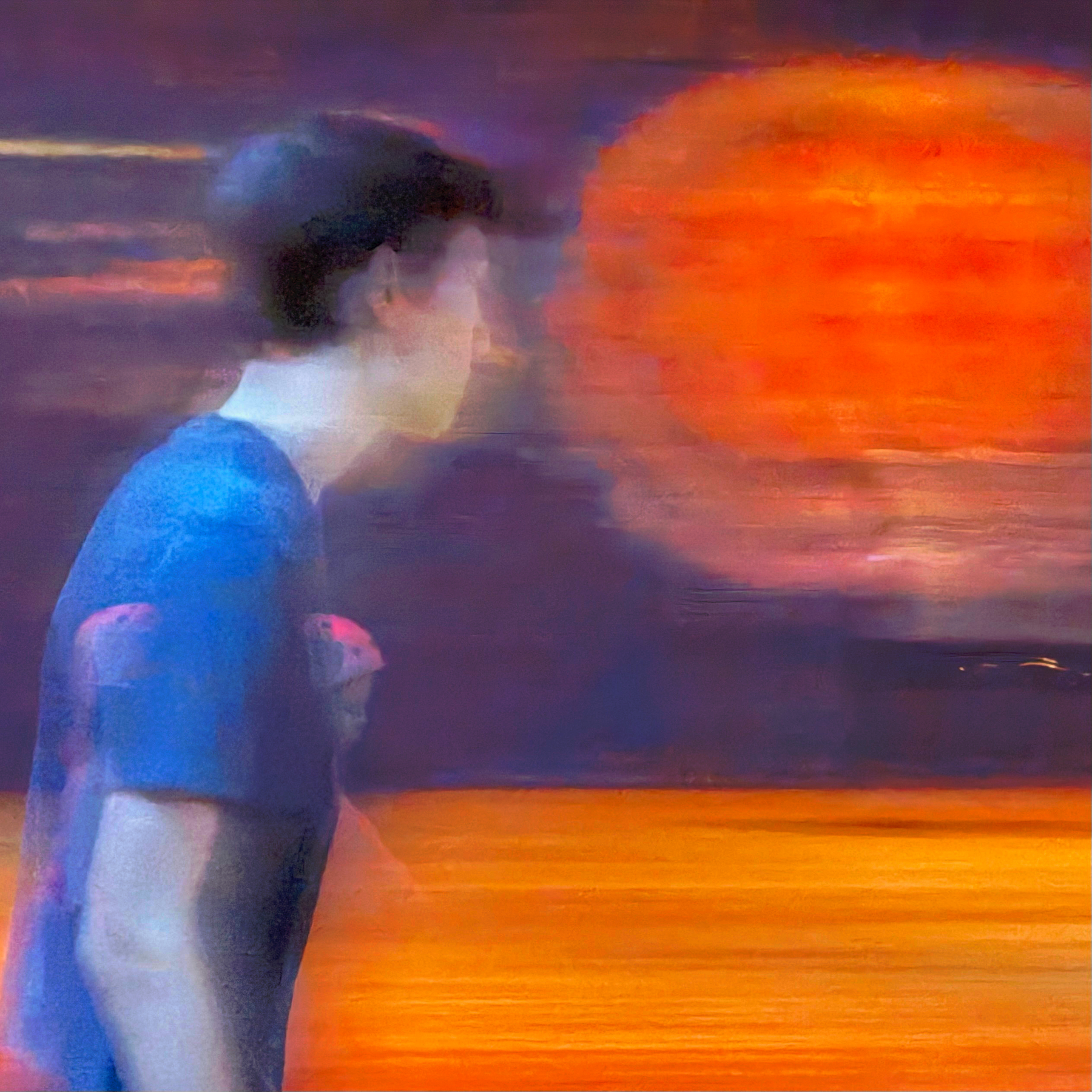 Picture of a 14yo boy in profile in a skate rink. Impressionist because of the blur and attempt by the iPhone camera app to make sense of it.