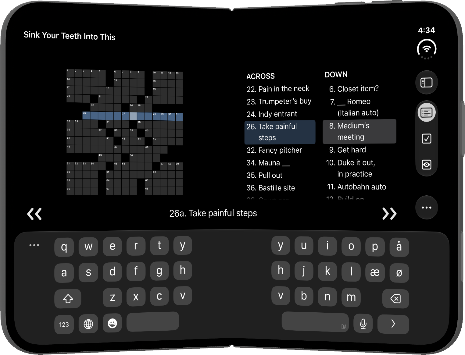 Screenshot of Black Ink for iOS, a crossword-solving app. It portrays the app running on an iPhone Duo in “Open Book” mode. It’s in Dark Mode and features a crossword puzzle grid on the left side, and Across and Down clues on the right side.