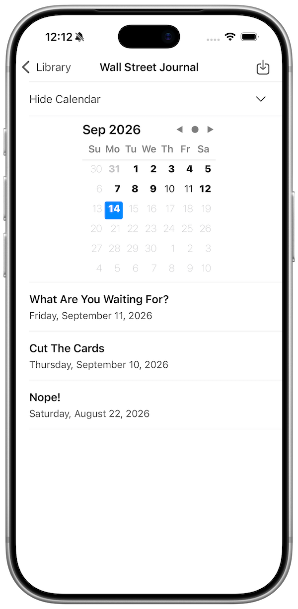 Screenshot of Black Ink for iOS showing a puzzle list and a calendar interface for browsing available puzzle downloads.