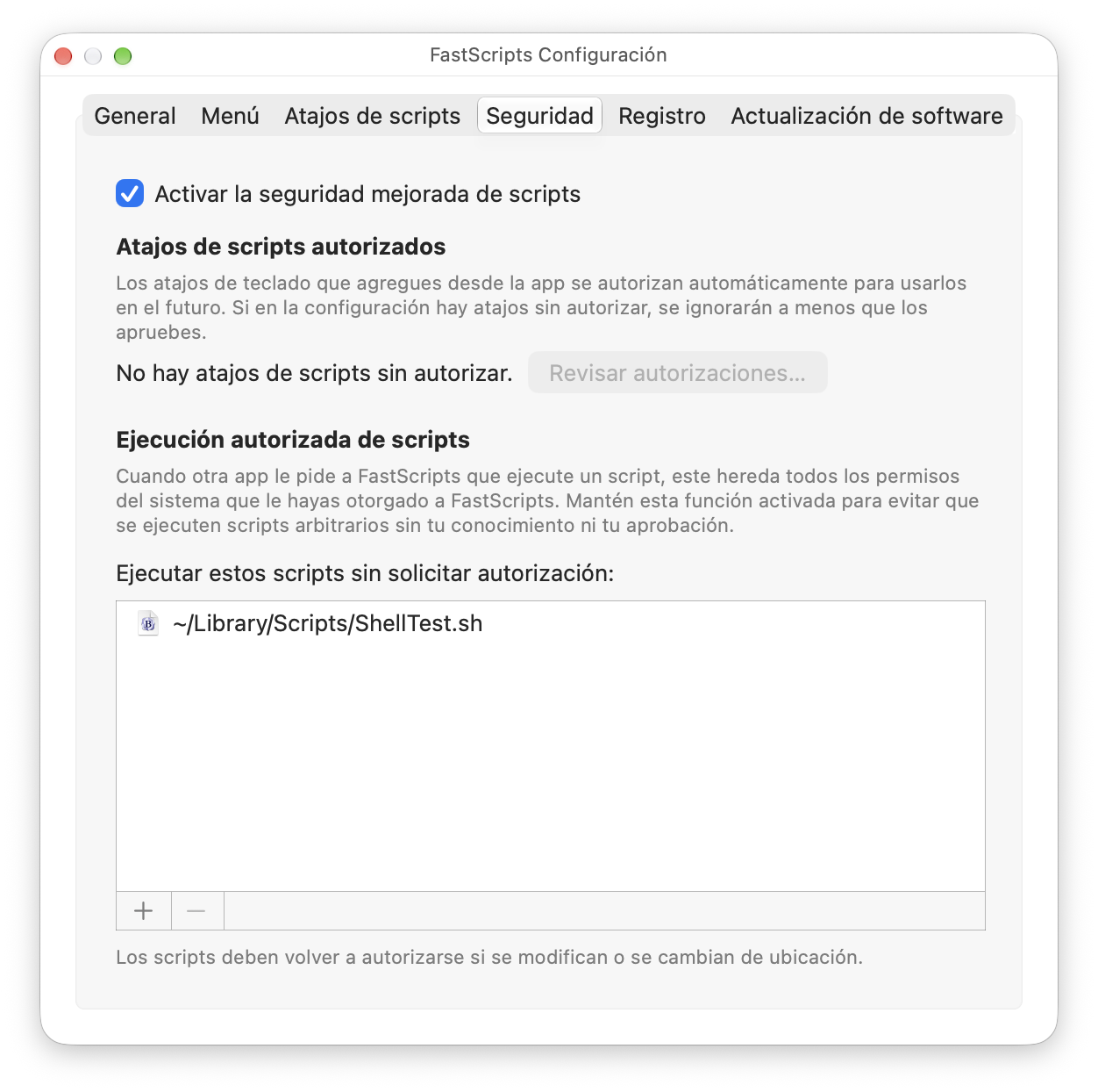 Screenshot of a FastScripts preferences panel showing multiple security options in Spanish.