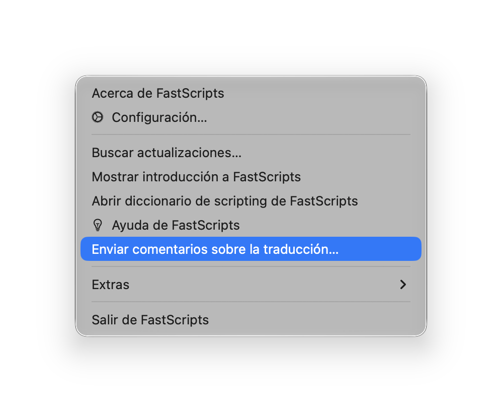 Screenshot of a macOS interface menu showing a selected item "Enviar comentarios sobre la traducción", which is Spanish for "Send localization feedback".