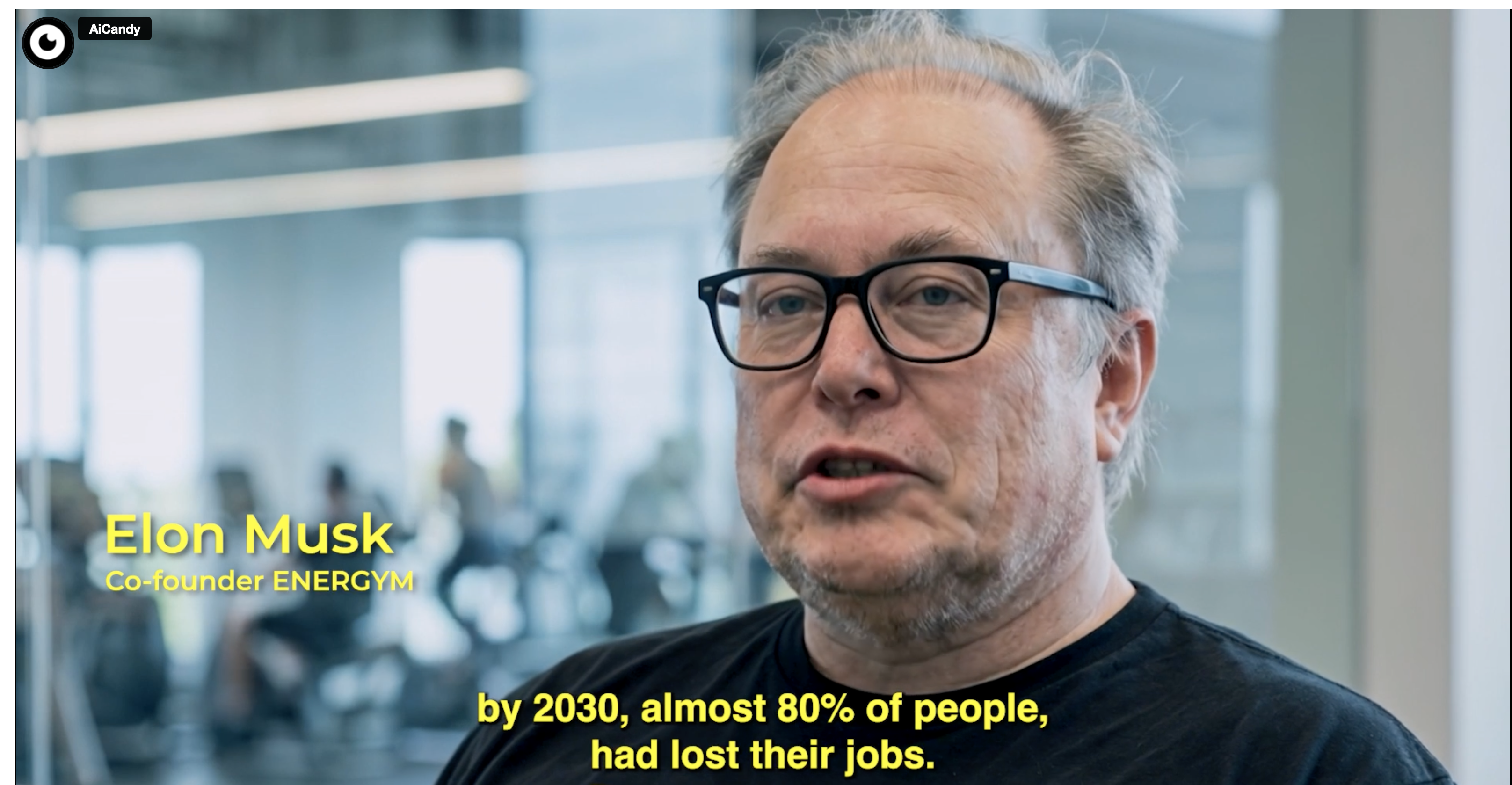 Still from a video showing an aged Elon Musk being interviewed in a high energy gym.