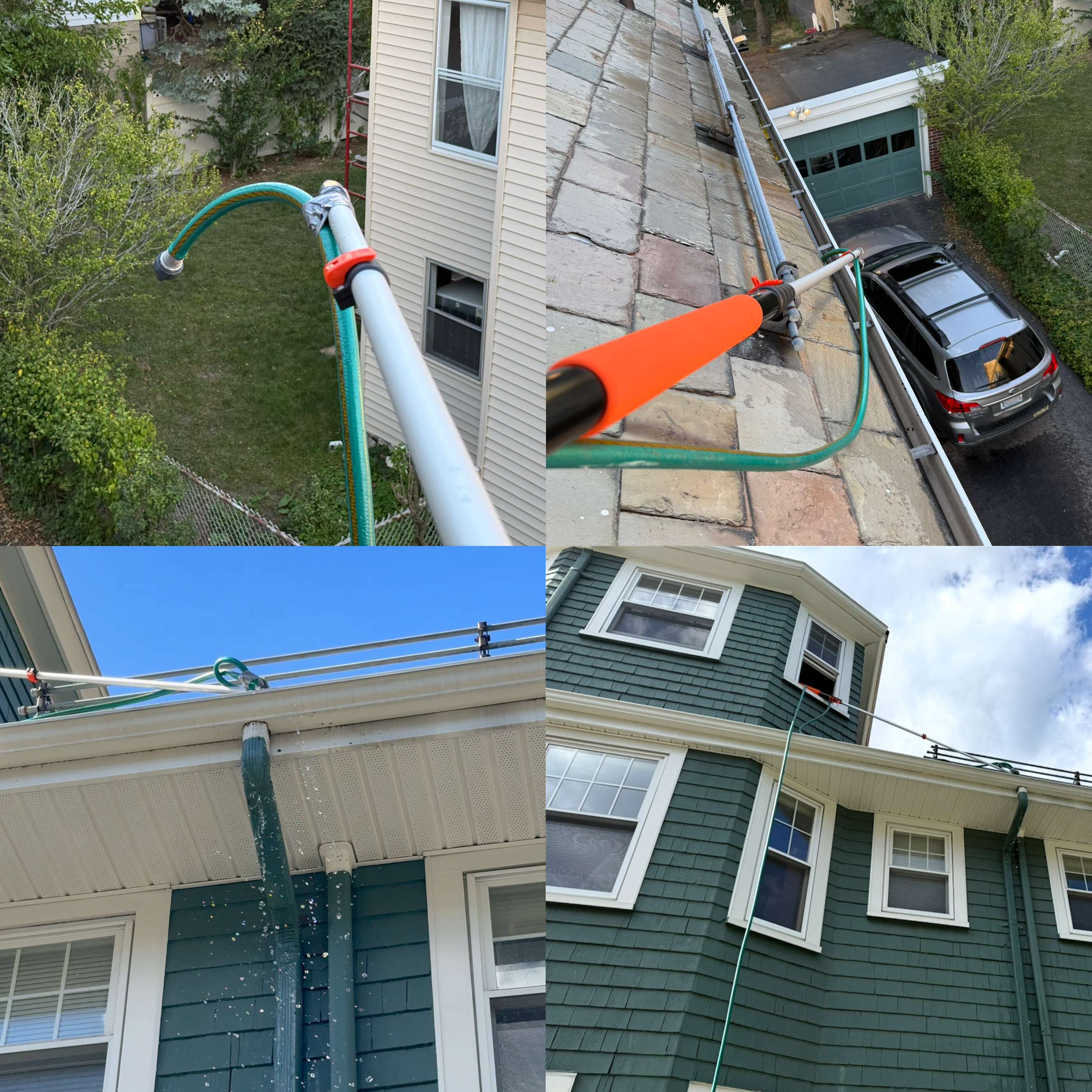 Quadrant of four photos depicting the attachment of a hose to a telescoping pole in order to flush out a downspout from a 3rd floor window.
