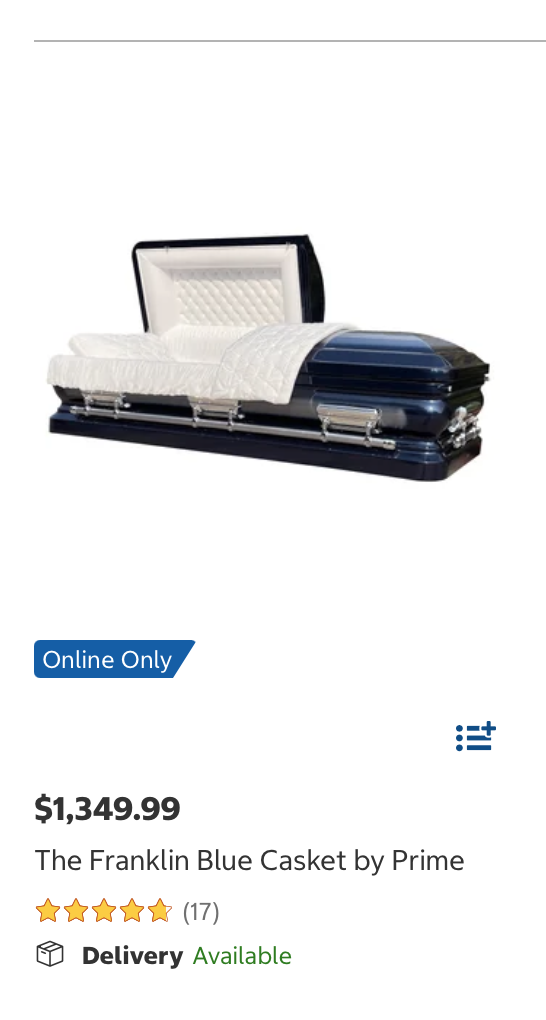 Screenshot of an online shopping page item for "The Franklin Blue Casket by Prime" featuring a flag stating "Online Only".