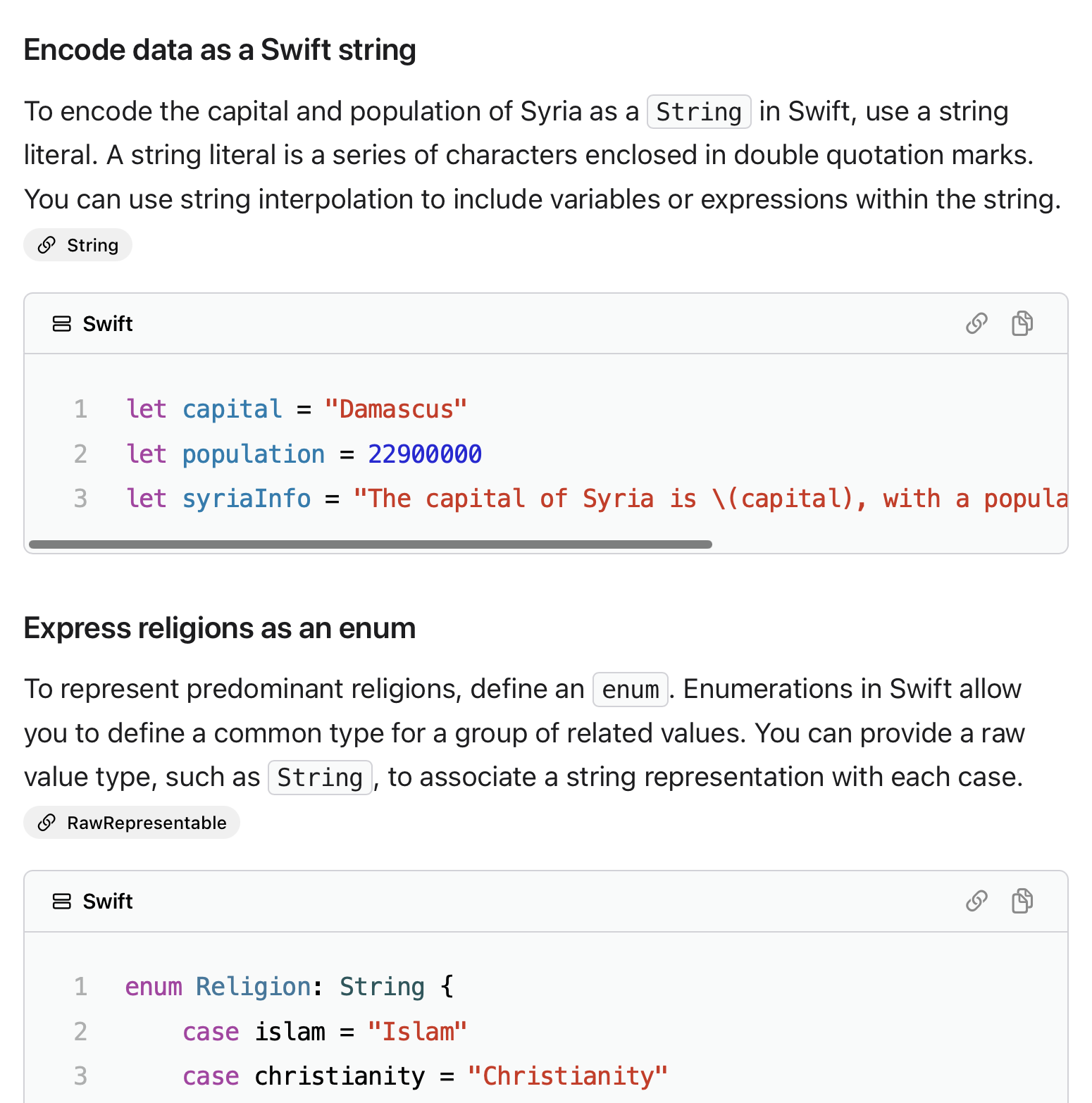 Screenshot from Apple’s Developer Search site showing the population, capital and predominant religions expressed as Swift source code examples.
