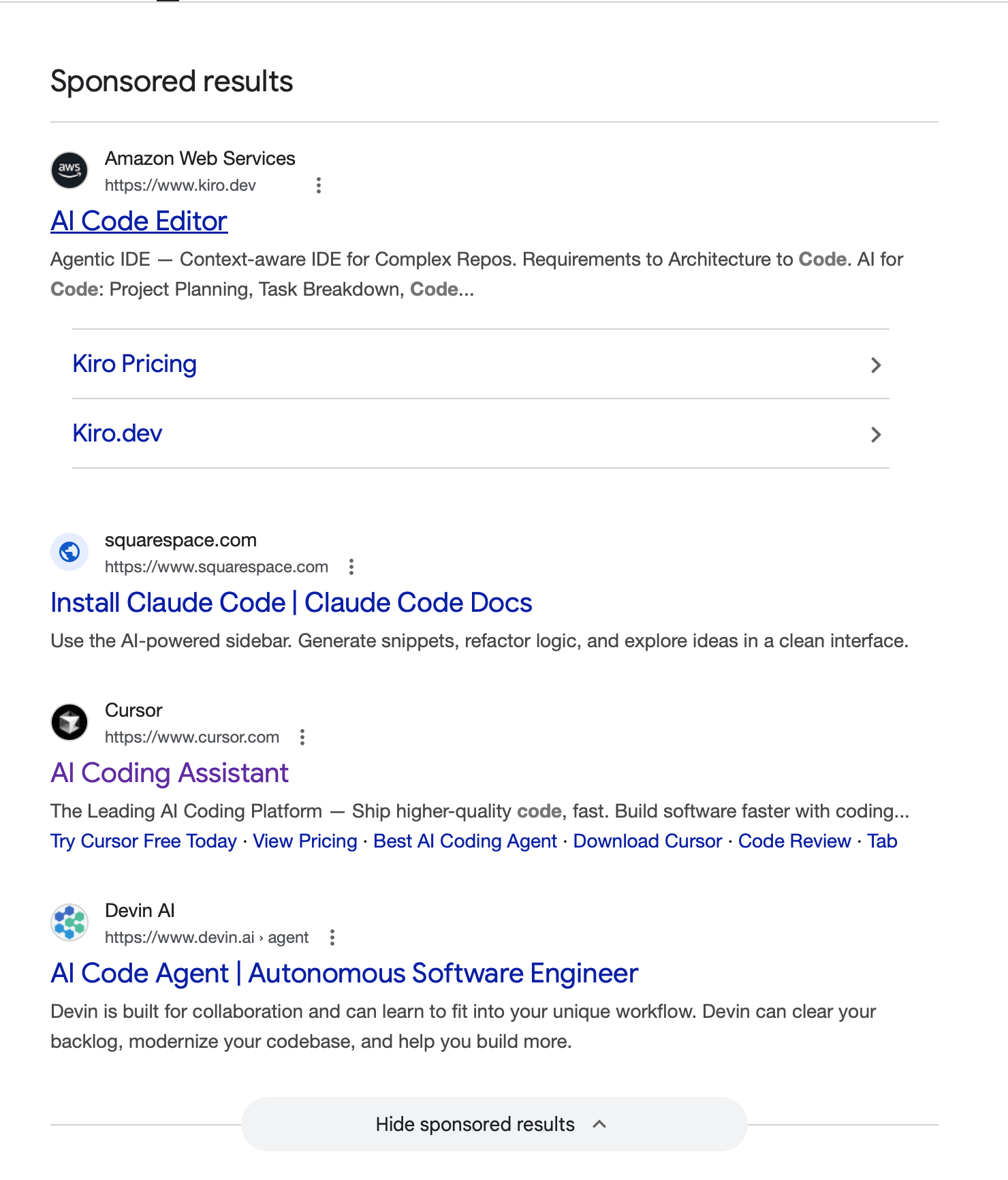 Screenshot of Google search results including a Squarespace.com hosted site pretending to be the Claude Code installer site.