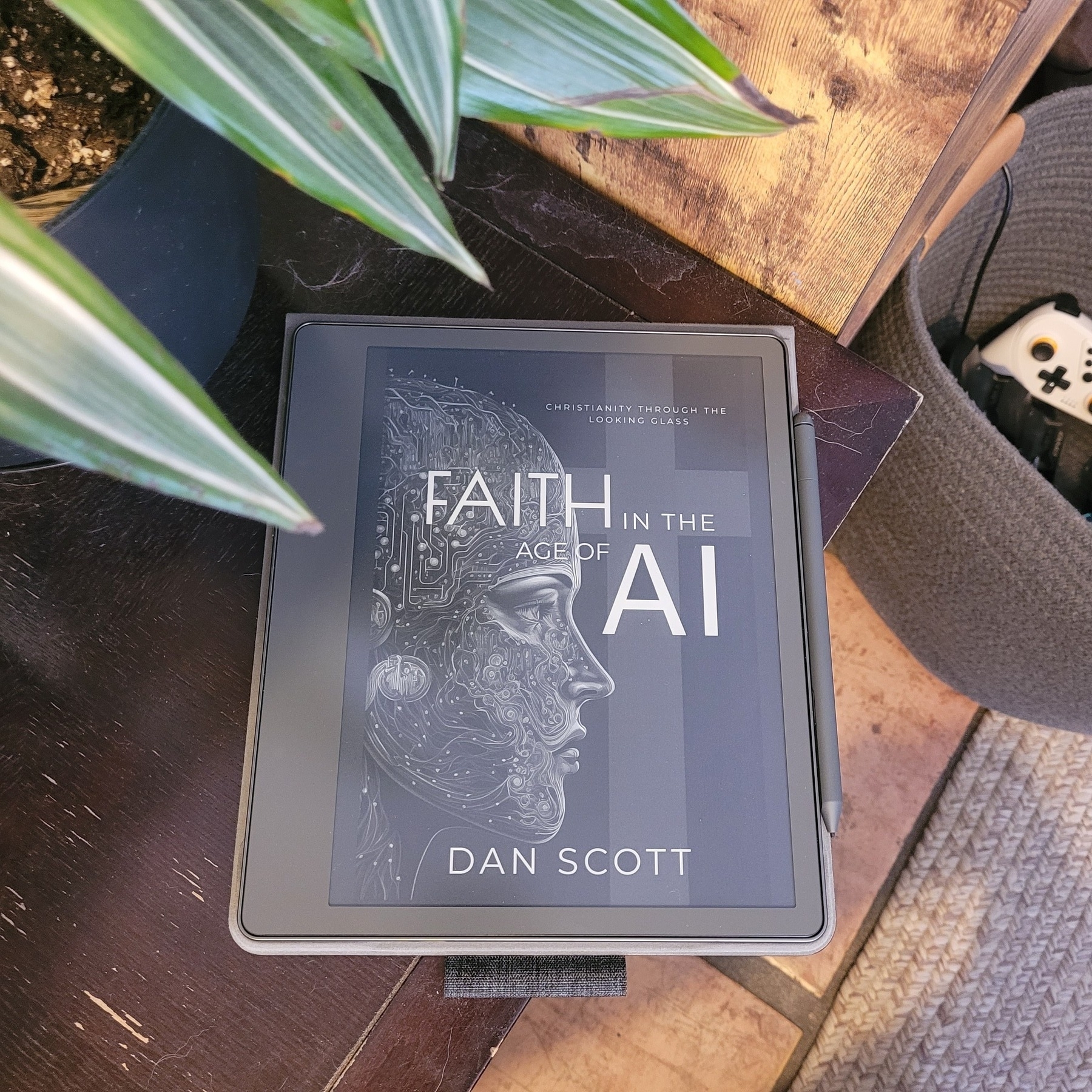 Kindle Scribe Tablet showing cover for Faith in the Age of AI by Dan Scott