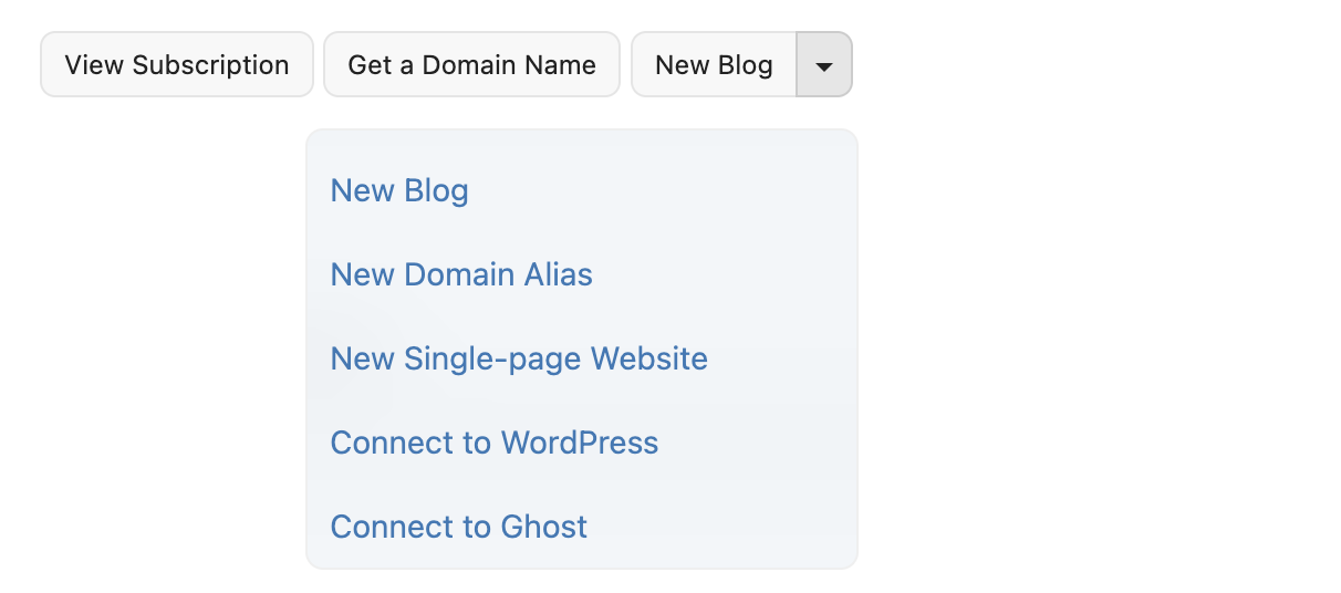 A dropdown menu under the New Blog button offers options such as creating a new blog, new domain alias, a new single-page website, and connecting to WordPress or Ghost.