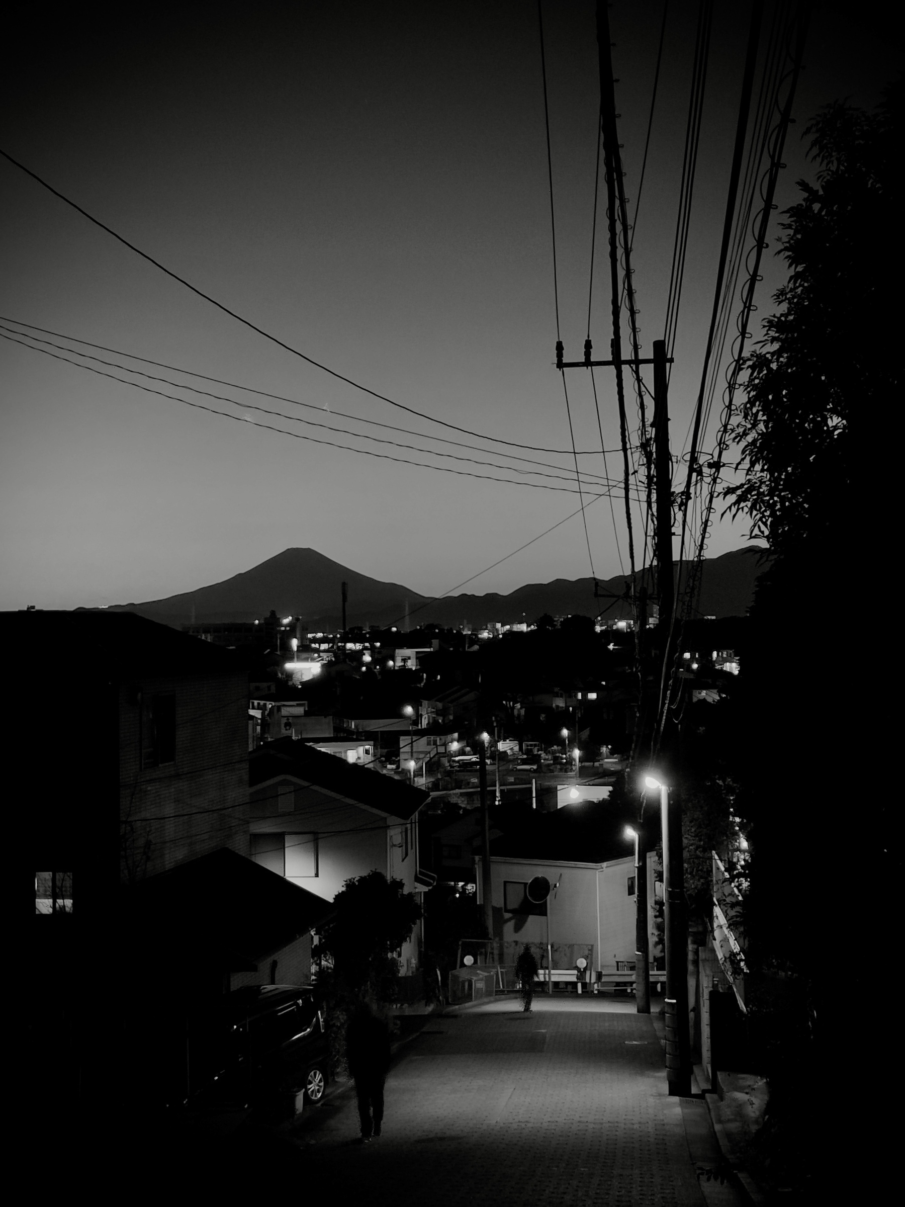 Evening view of Mt Fuji from a hill in the neighborhood in the fall. 