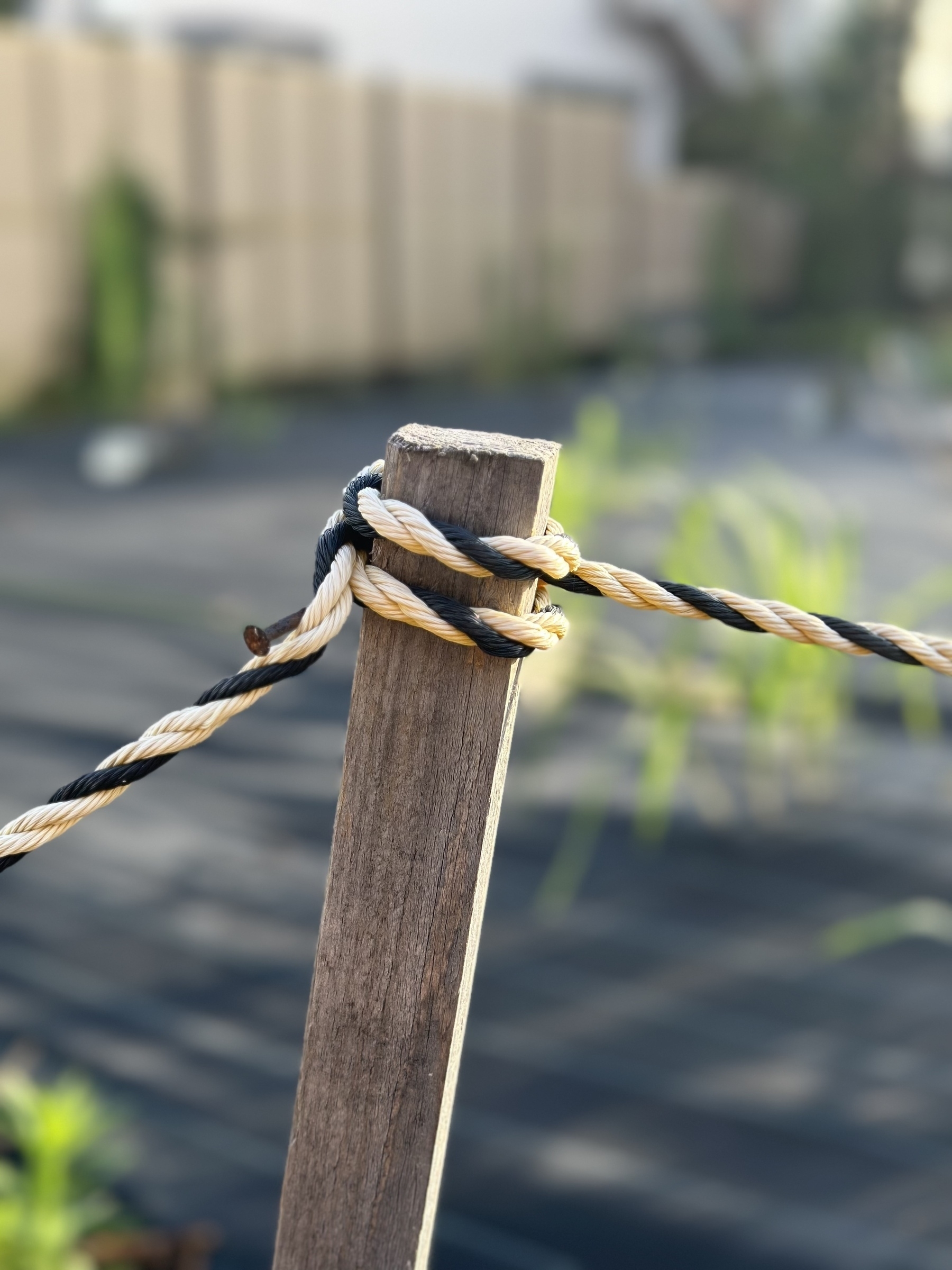 A fence post tied with Tora Rope