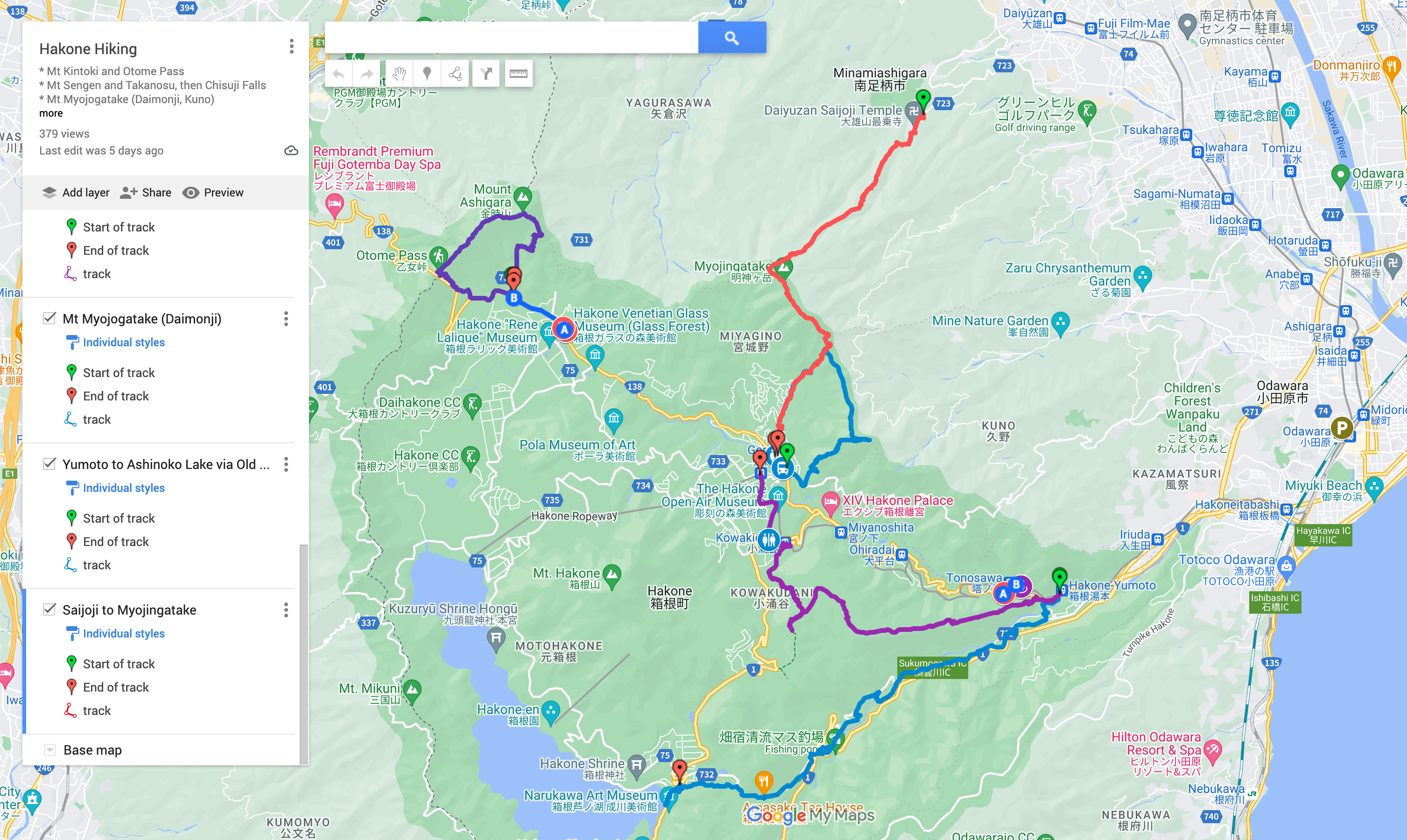 Map of Hakone hikes, with today’s highlighted.